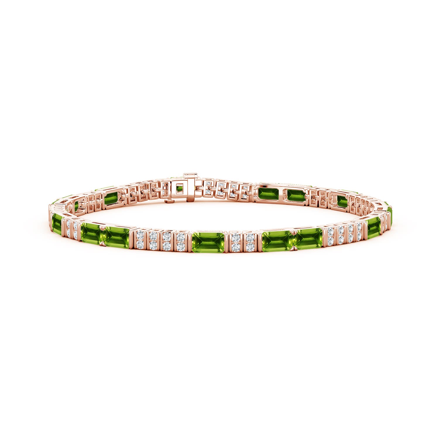 5x3mm AAAA Lee Harris x Angara Peridot and Diamond Modern Art Deco Inspired Tennis Bracelet in Rose Gold