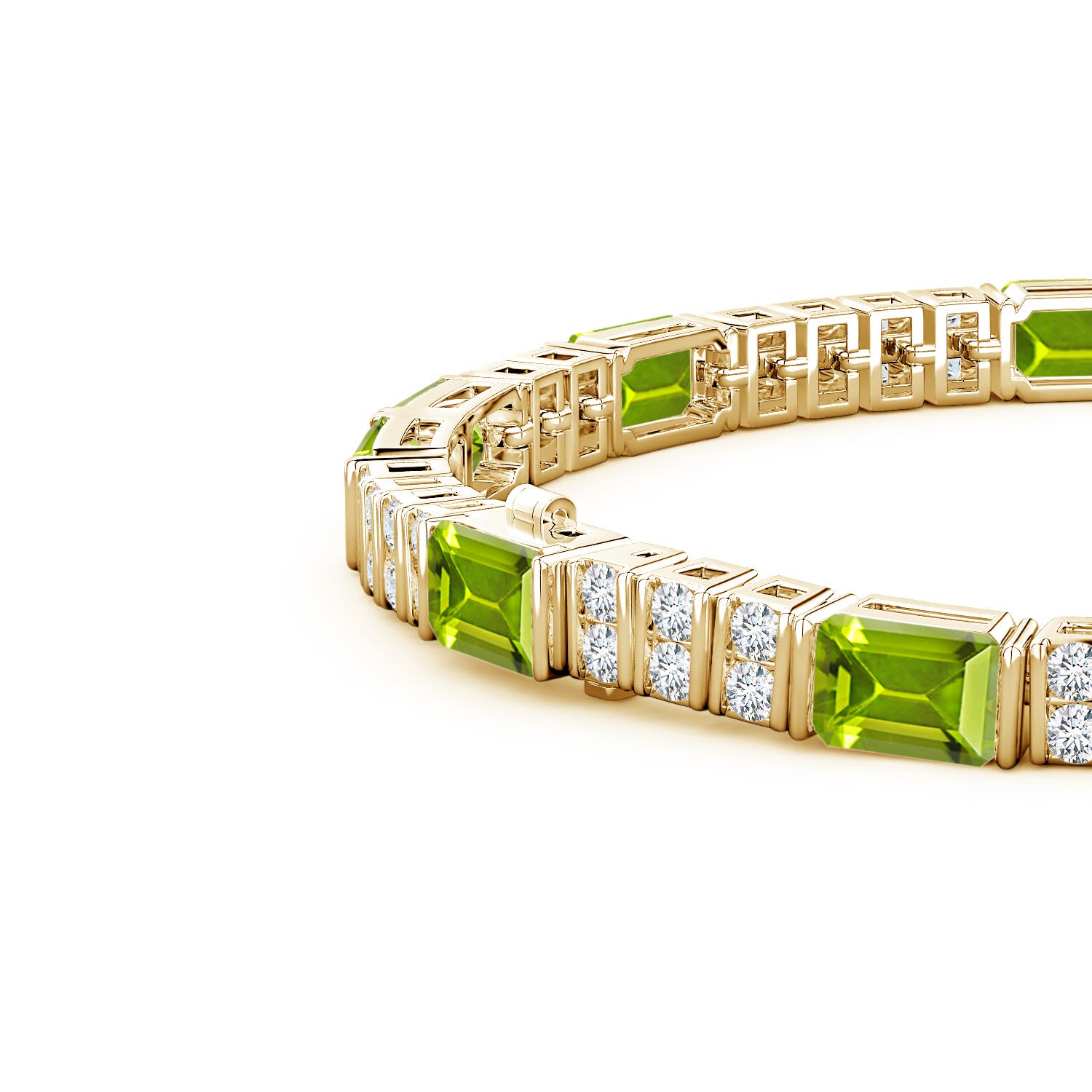 6x4mm AAA Lee Harris x Angara Peridot and Diamond Modern Art Deco Inspired Tennis Bracelet in Yellow Gold - side 3