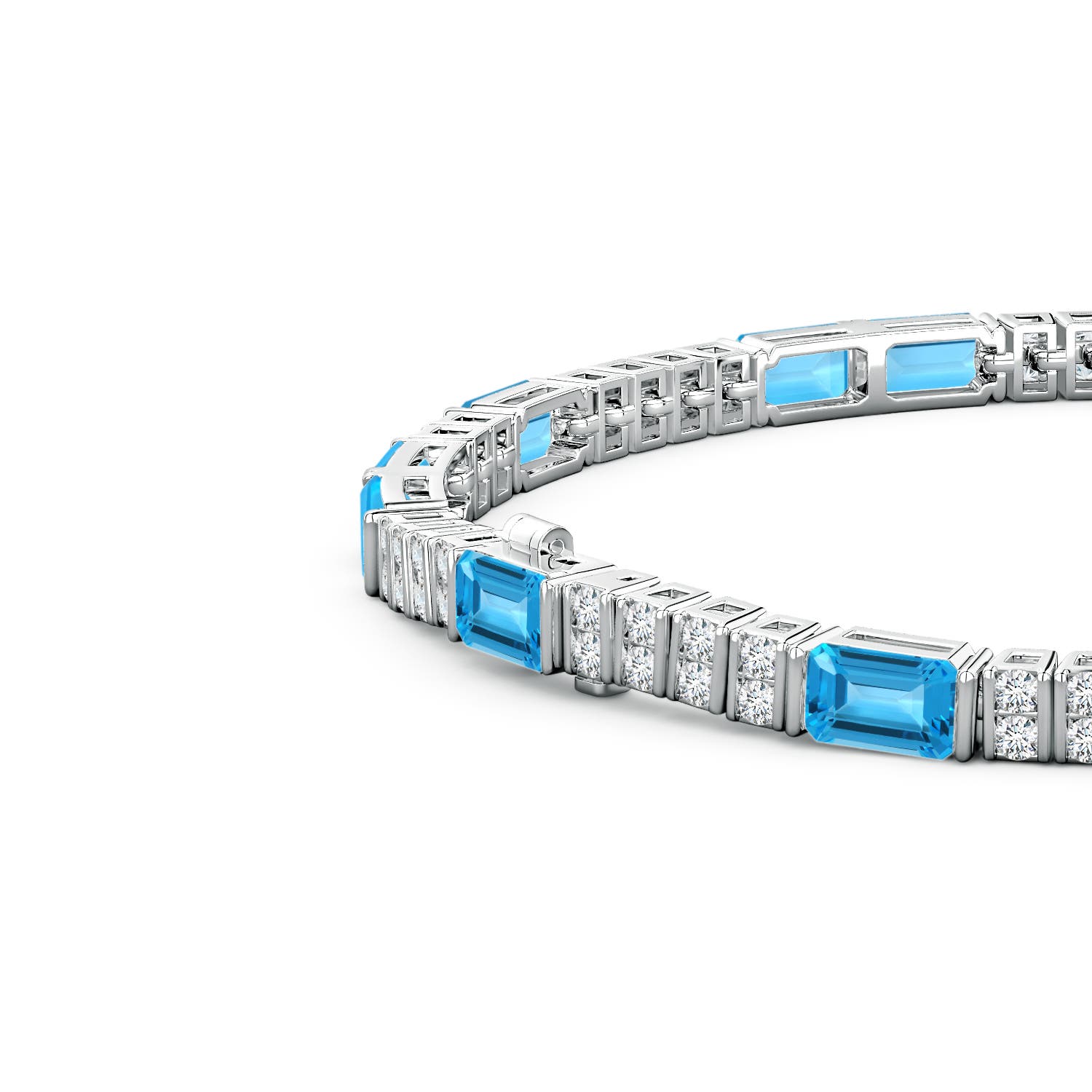 5x3mm AAA Lee Harris x Angara Swiss Blue Topaz and Diamond Modern Art Deco Inspired Tennis Bracelet in White Gold