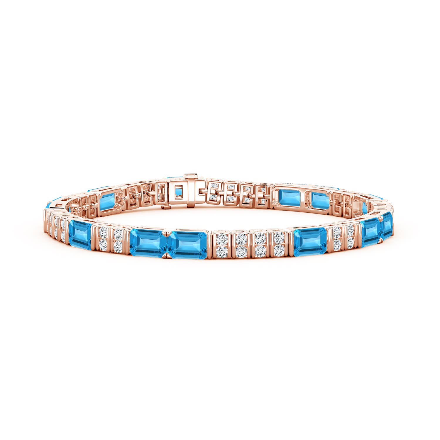 6x4mm AAA Lee Harris x Angara Swiss Blue Topaz and Diamond Modern Art Deco Inspired Tennis Bracelet in Rose Gold