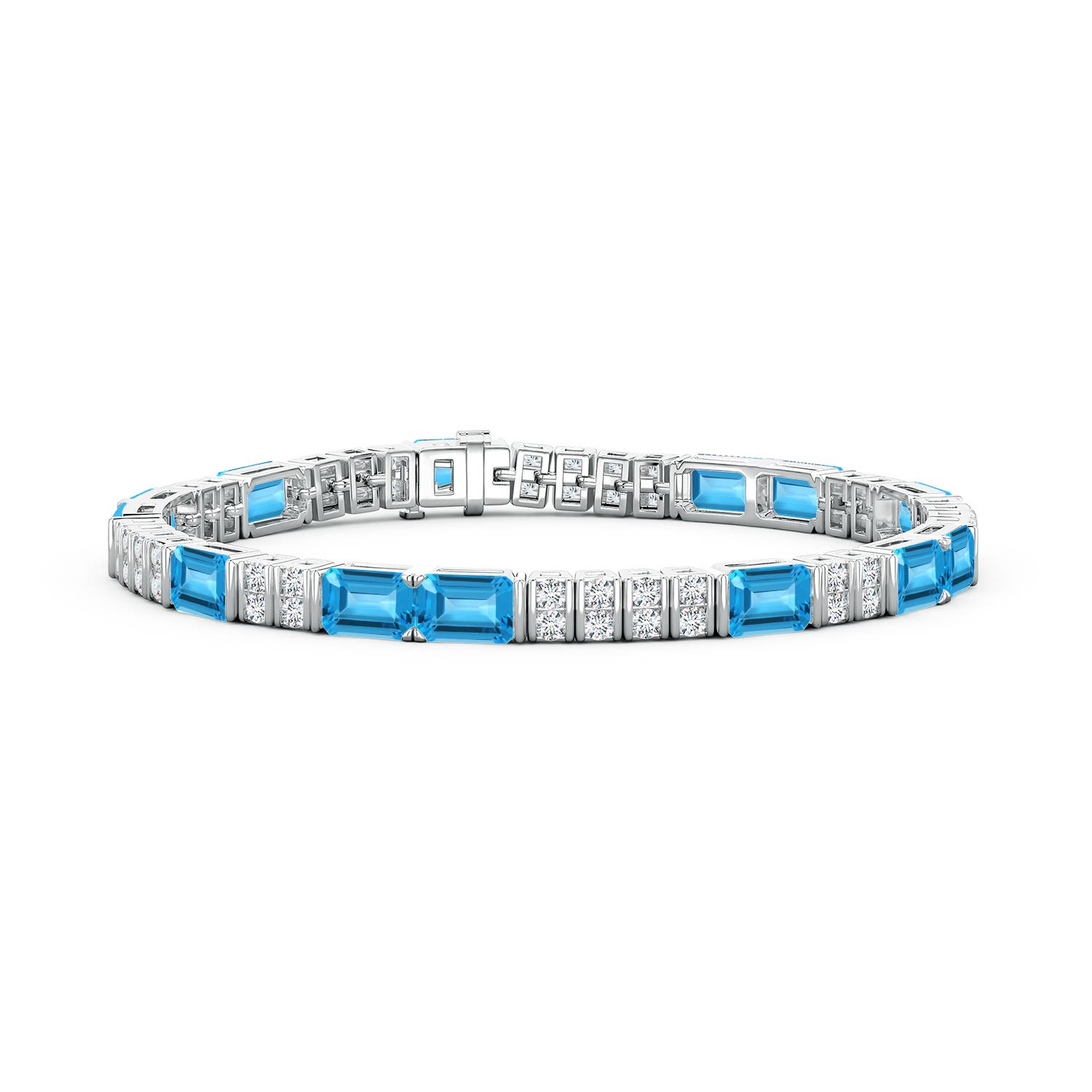 6x4mm AAA Lee Harris x Angara Swiss Blue Topaz and Diamond Modern Art Deco Inspired Tennis Bracelet in White Gold