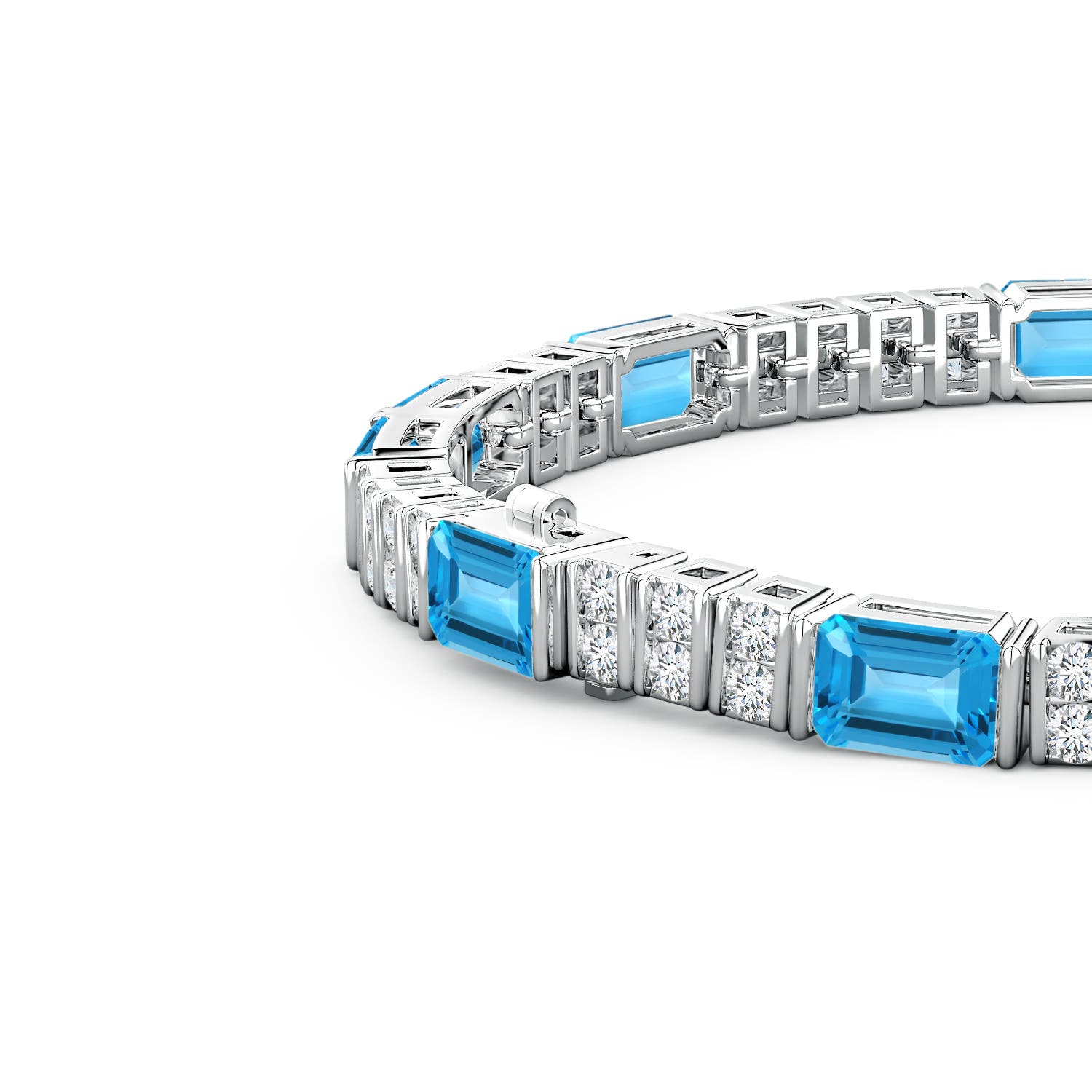 6x4mm AAA Lee Harris x Angara Swiss Blue Topaz and Diamond Modern Art Deco Inspired Tennis Bracelet in White Gold - side 3