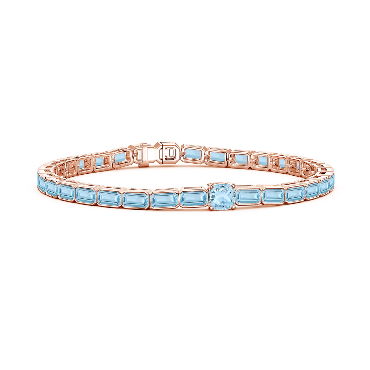 5mm AAA Lee Harris x Angara Cushion Aquamarine Modern Art Deco Inspired Tennis Bracelet in Rose Gold