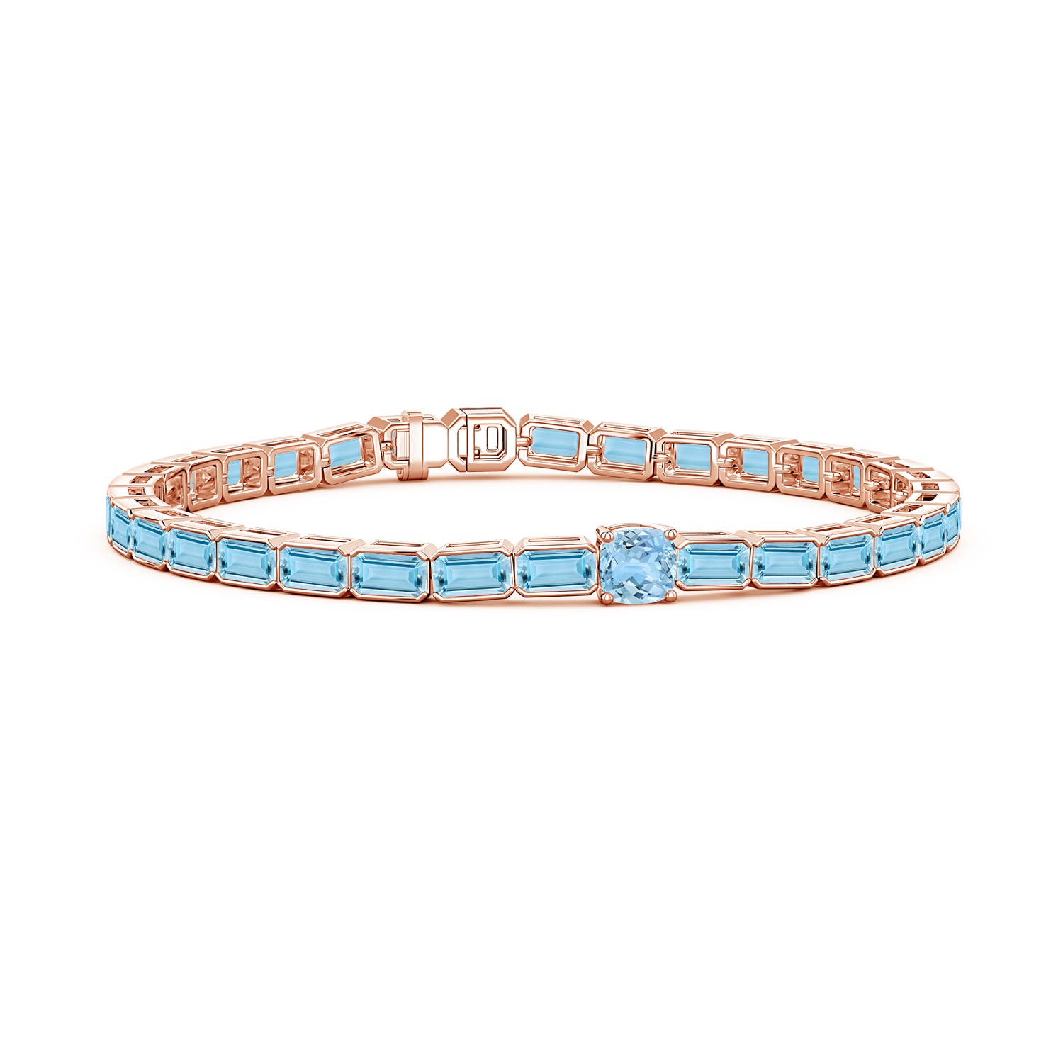 5mm AAAA Lee Harris x Angara Cushion Aquamarine Modern Art Deco Inspired Tennis Bracelet in Rose Gold