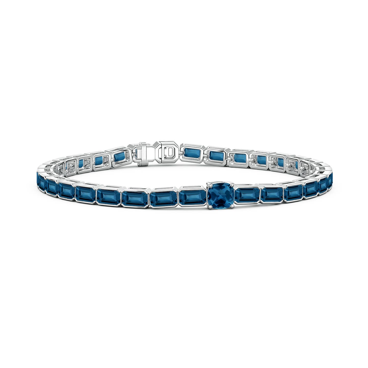 5mm AAA Lee Harris x Angara Cushion London Blue Topaz Modern Art Deco Inspired Tennis Bracelet in White Gold