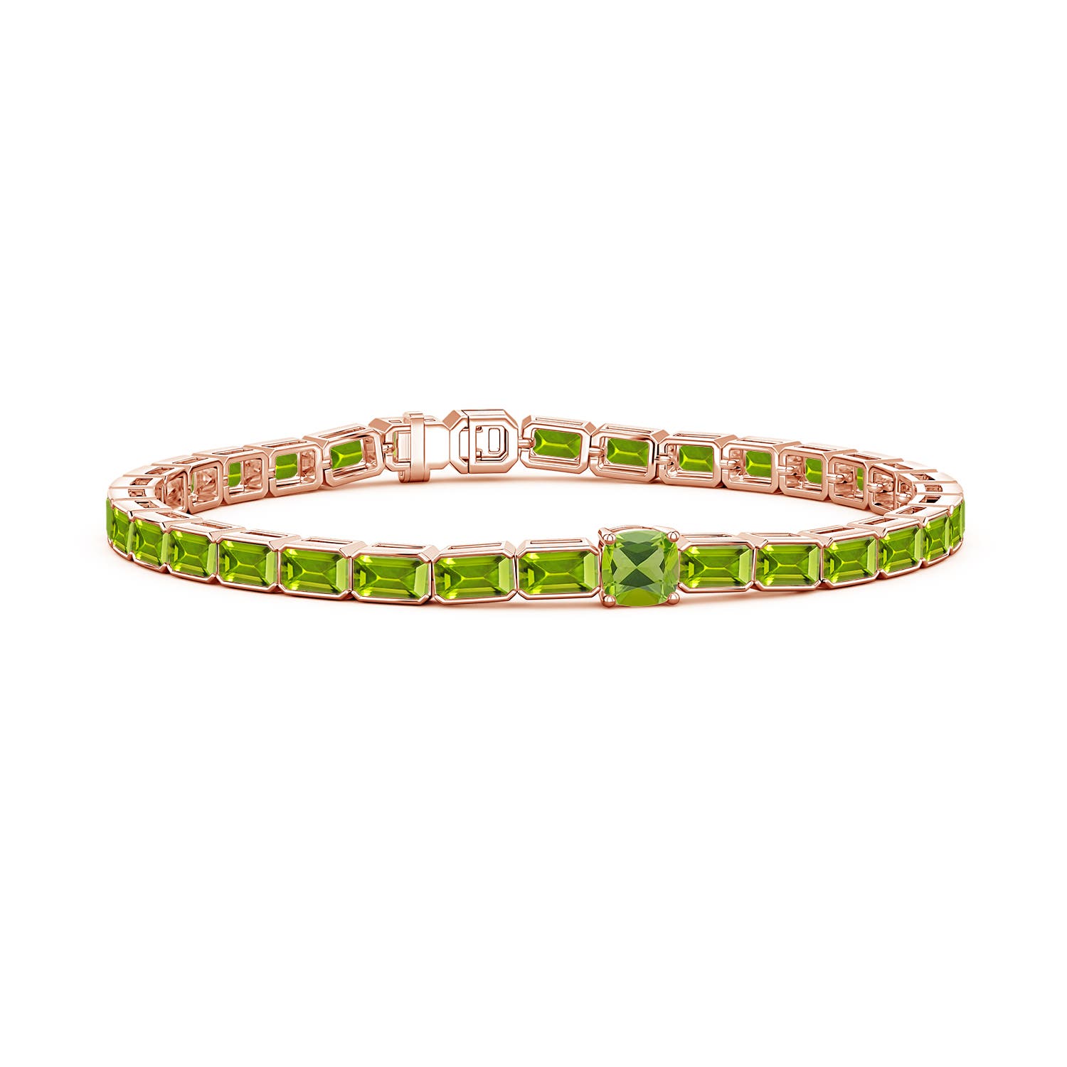 5mm AAA Lee Harris x Angara Cushion Peridot Modern Art Deco Inspired Tennis Bracelet in Rose Gold