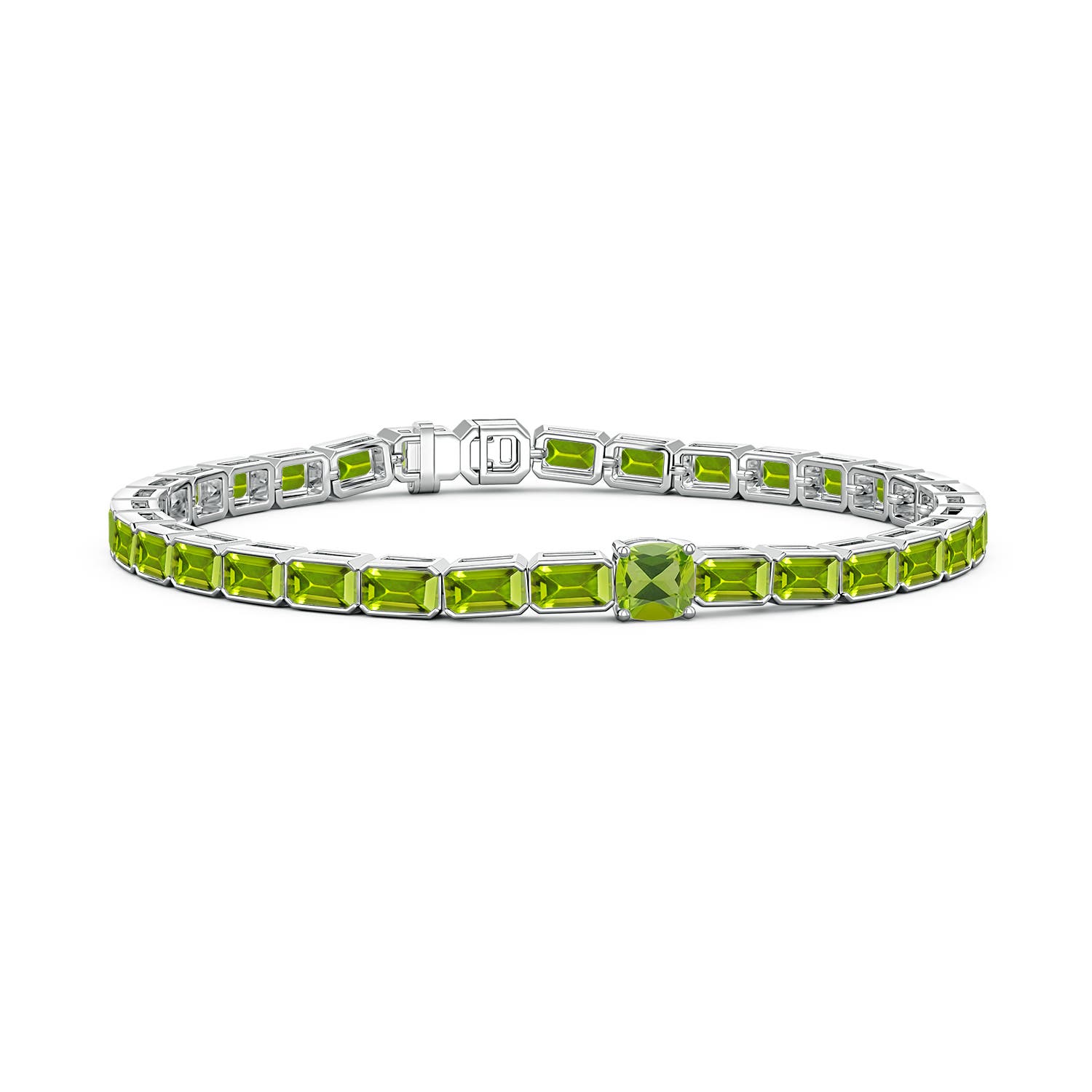 5mm AAA Lee Harris x Angara Cushion Peridot Modern Art Deco Inspired Tennis Bracelet in White Gold