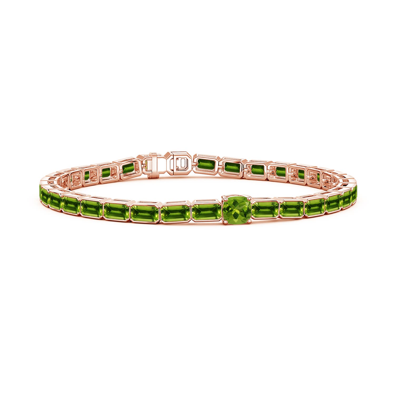 5mm AAAA Lee Harris x Angara Cushion Peridot Modern Art Deco Inspired Tennis Bracelet in Rose Gold