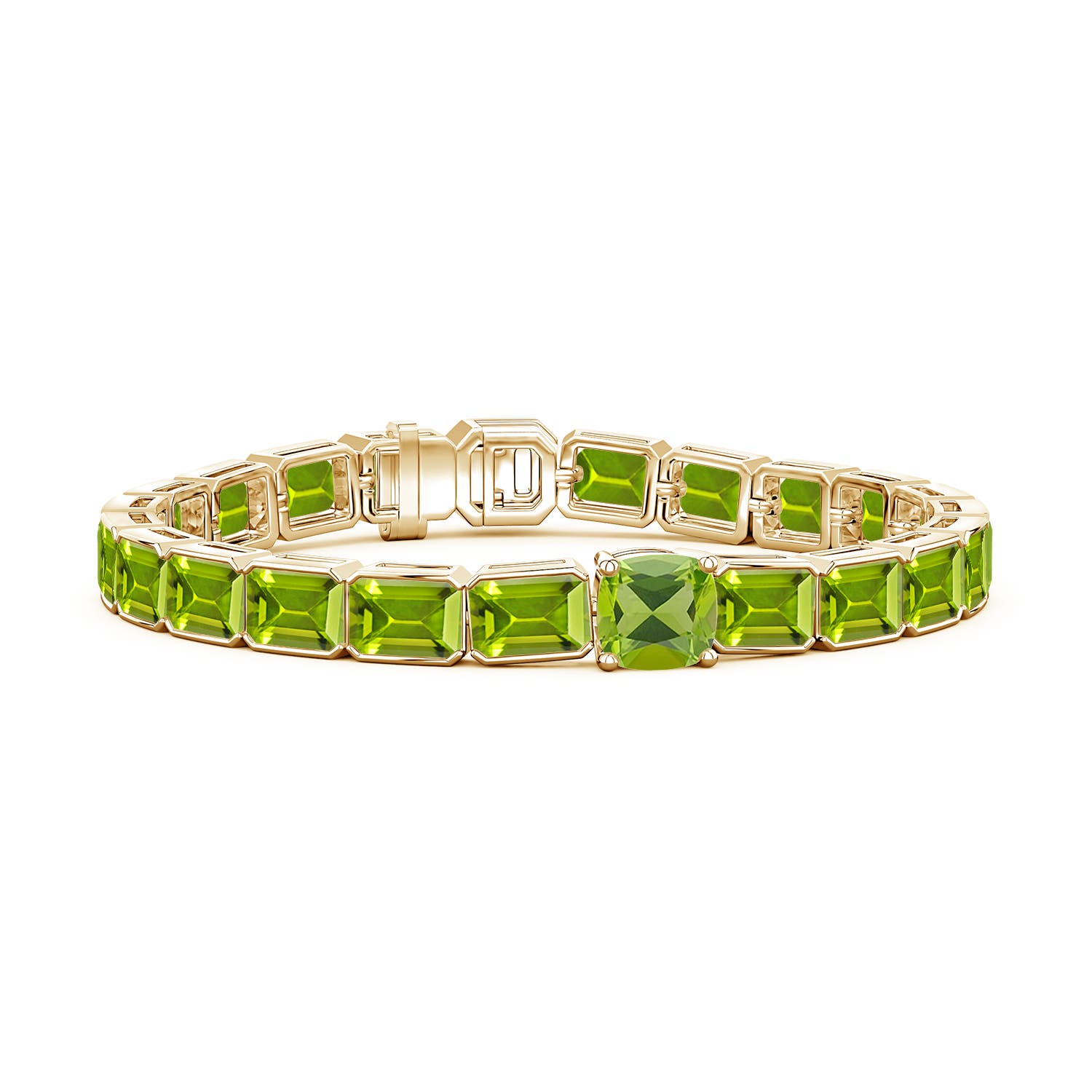7mm AAA Lee Harris x Angara Cushion Peridot Modern Art Deco Inspired Tennis Bracelet in Yellow Gold