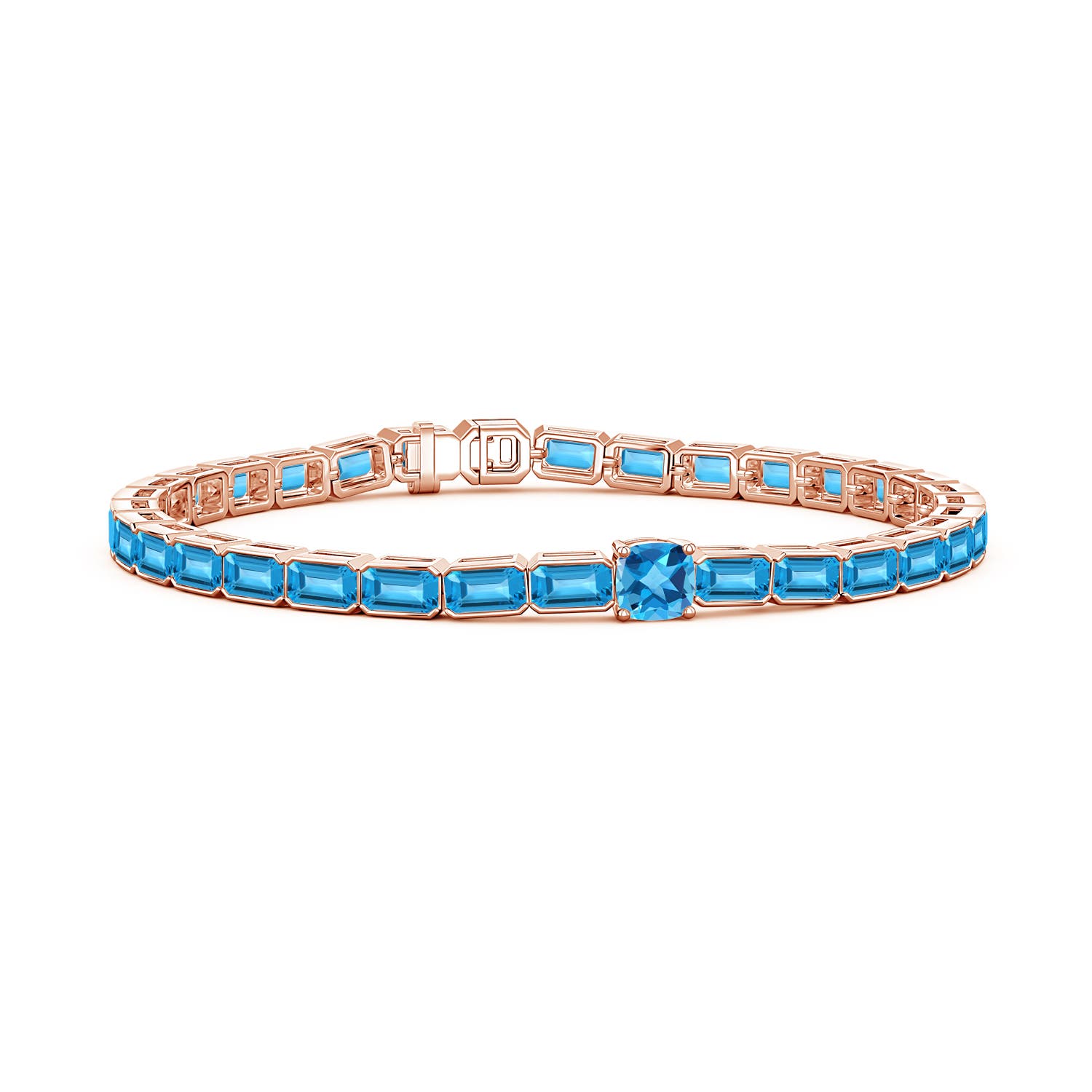 5mm AAA Lee Harris x Angara Cushion Swiss Blue Topaz Modern Art Deco Inspired Tennis Bracelet in Rose Gold