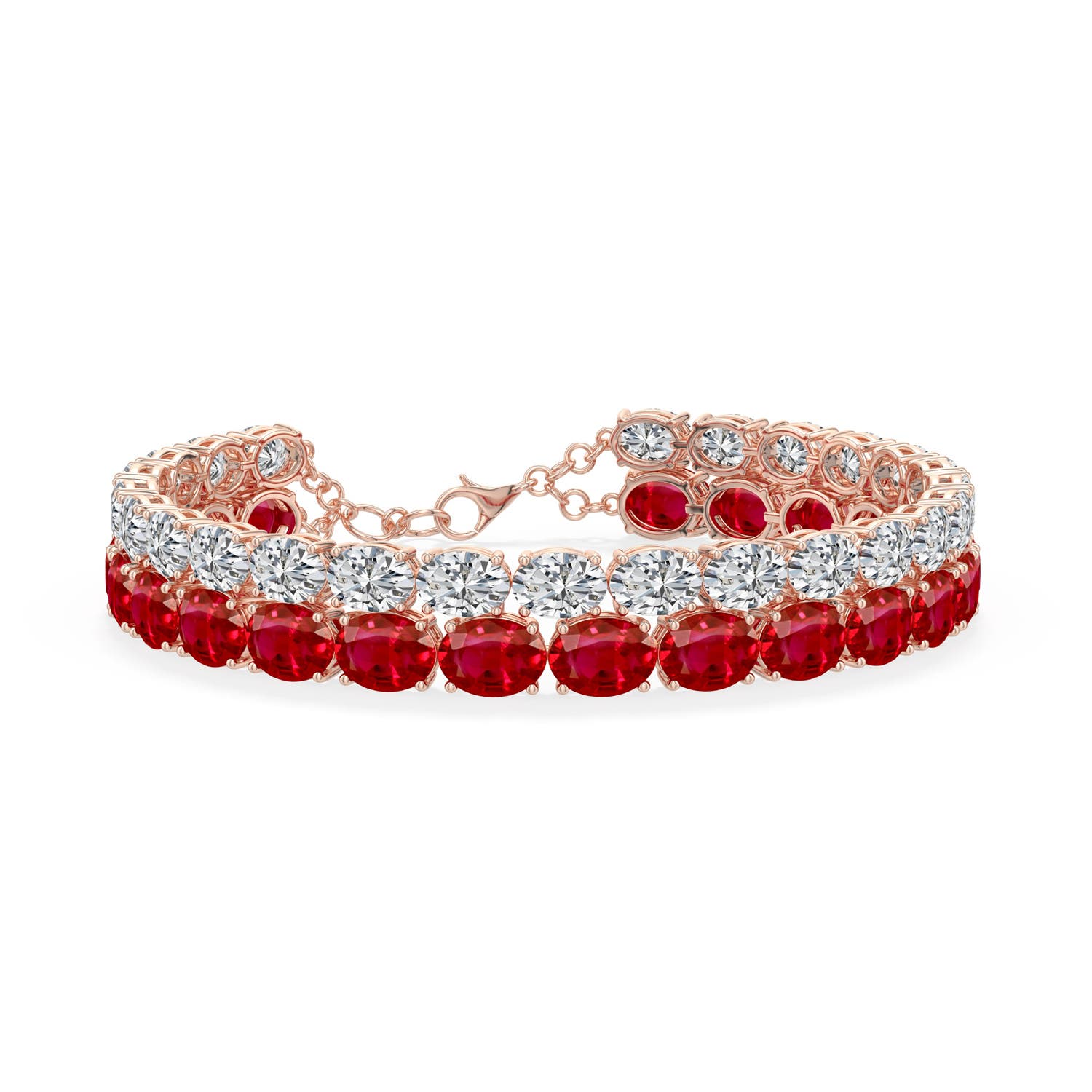 8x6mm AAA Double-Row Oval Ruby and Diamond Tennis Bracelet in Rose Gold - main