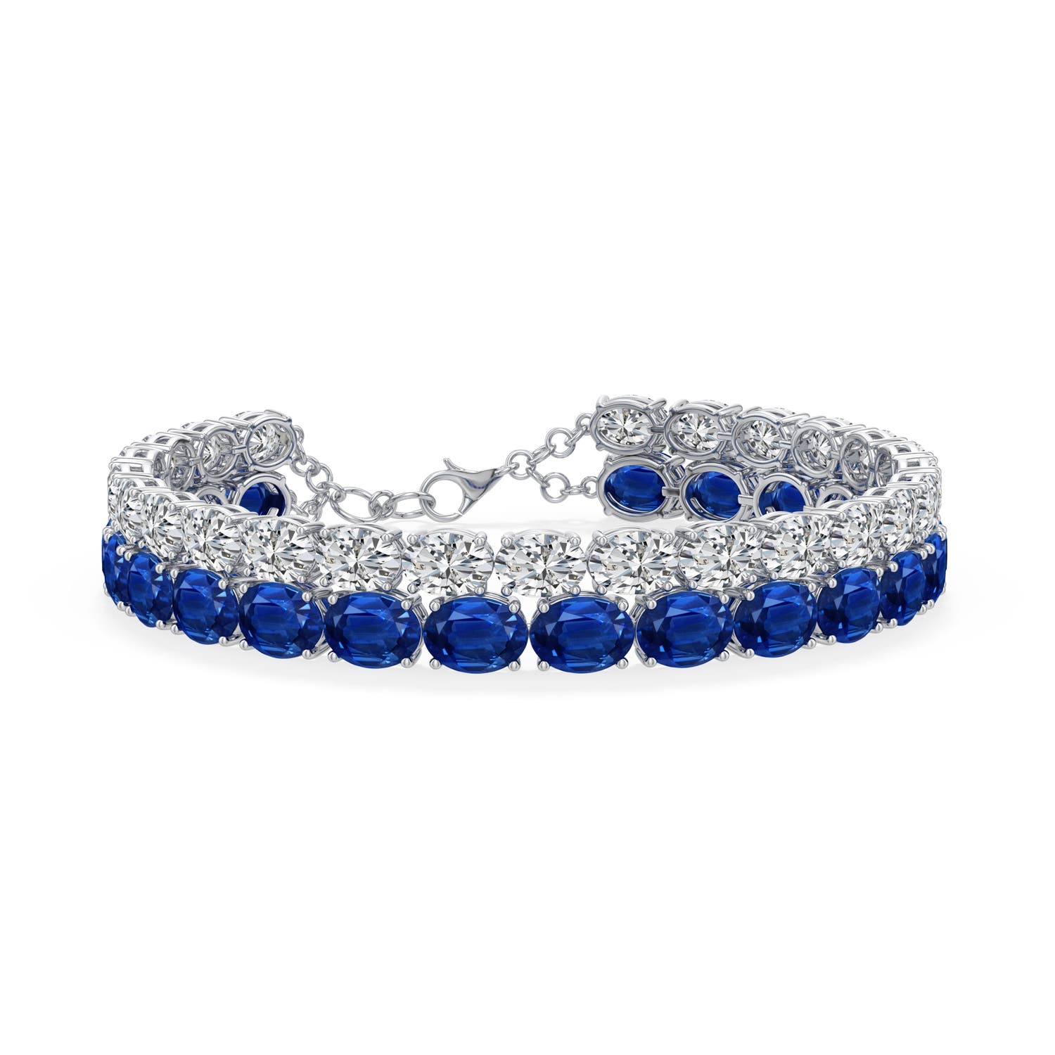 Angara 53.1 CTW Double-Row Oval Blue Sapphire and Diamond Tennis Bracelet in Platinum