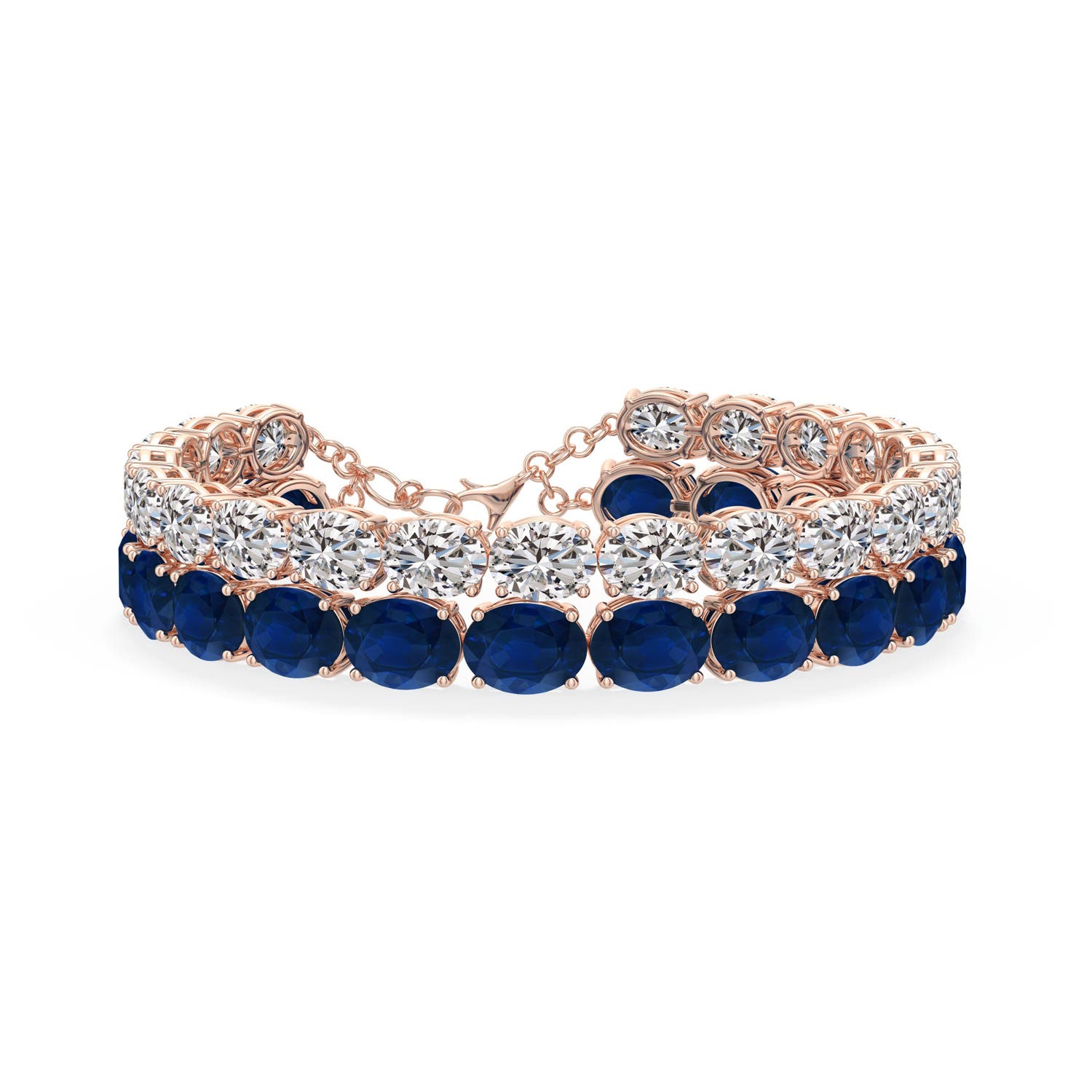 Angara 62.15 CTW Double-Row Oval Blue Sapphire and Diamond Tennis Bracelet in 14K Rose Gold
