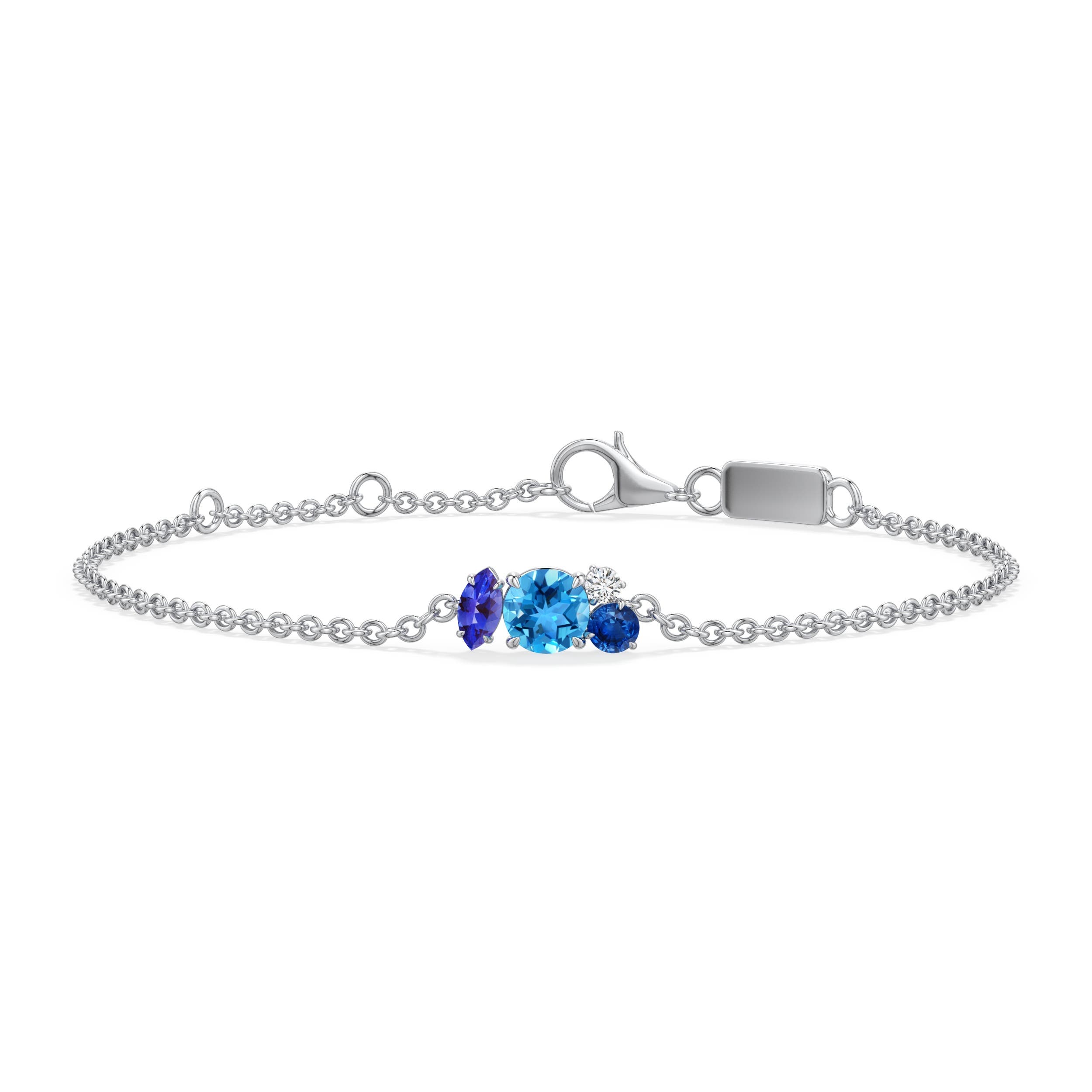5mm AAA Asymmetric Blue Multi-Gemstone Chain Bracelet in White Gold - side