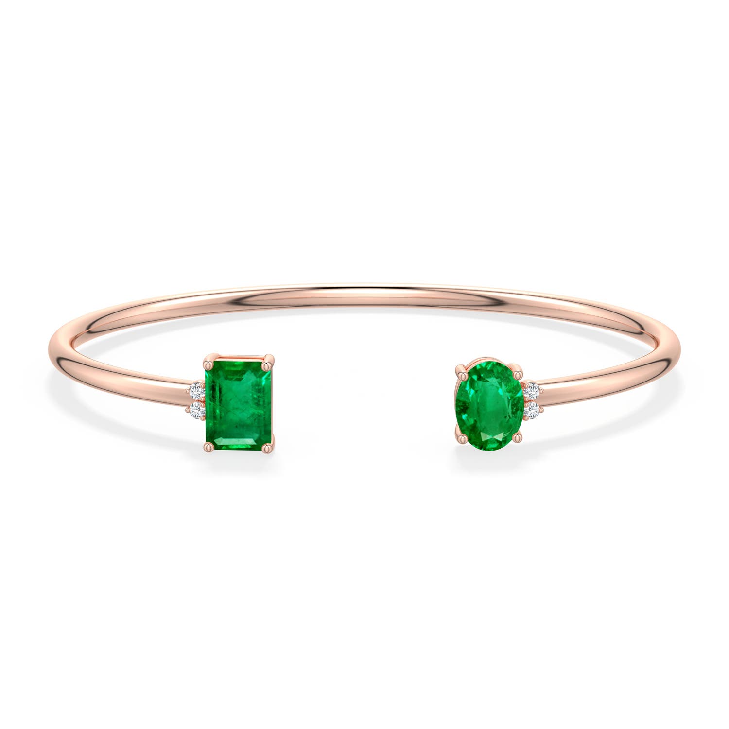 8x6mm AAA Oval and Emerald-Cut Emerald Two-Stone Cuff Bracelet in Rose Gold - side