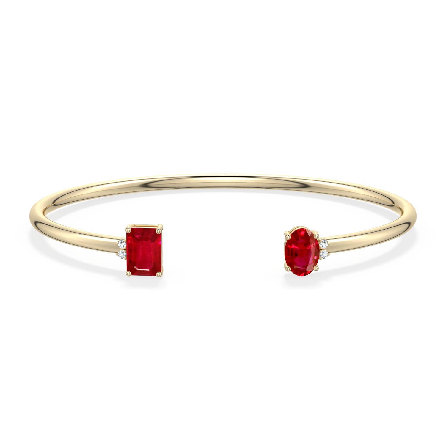 7x5mm AAA Oval and Emerald-Cut Ruby Two-Stone Cuff Bracelet in Yellow Gold - side