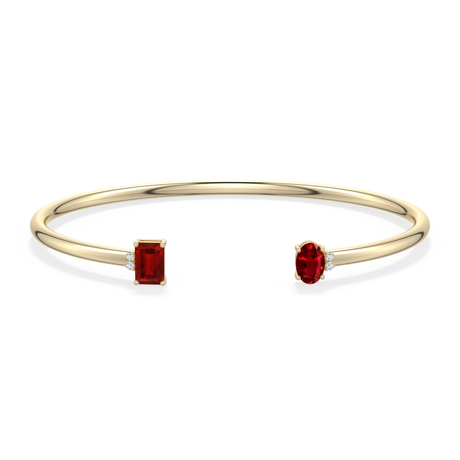 6x4mm AAAA Oval and Emerald-Cut Ruby Two-Stone Cuff Bracelet in Yellow Gold - side
