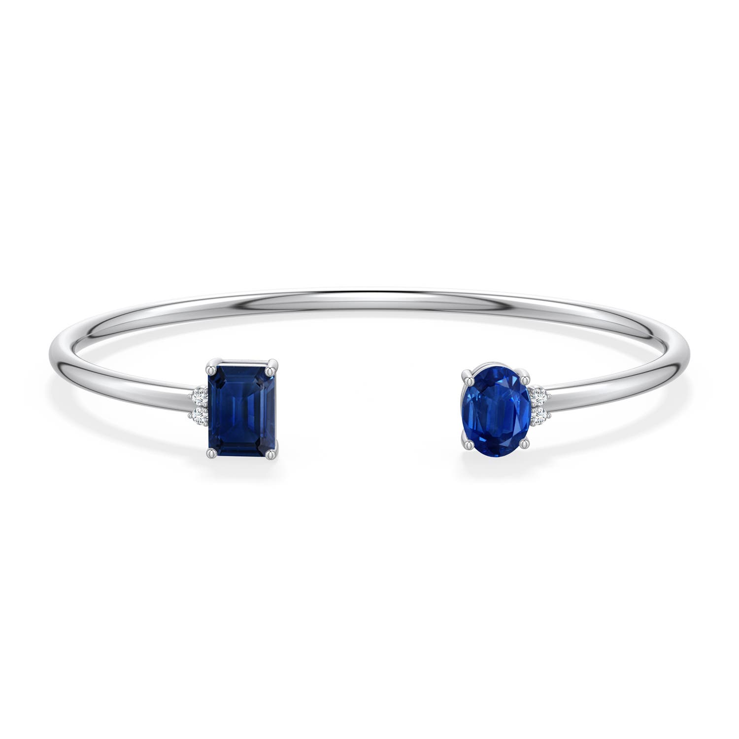 8x6mm AAA Oval and Emerald-Cut Blue Sapphire Two-Stone Cuff Bracelet in White Gold - side