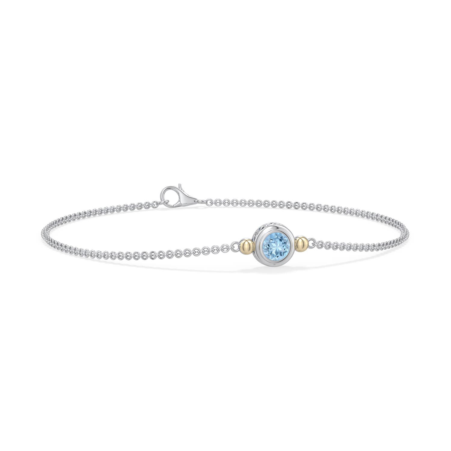 5mm AAA Sterling Silver and 18K Yellow Gold Round Aquamarine Chain Bracelet in 999-18K Mixed Metal - main