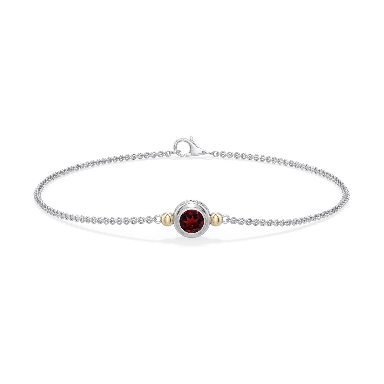5mm AAA Sterling Silver and 18K Yellow Gold Round Garnet Chain Bracelet in 999-18K Mixed Metal - side 1