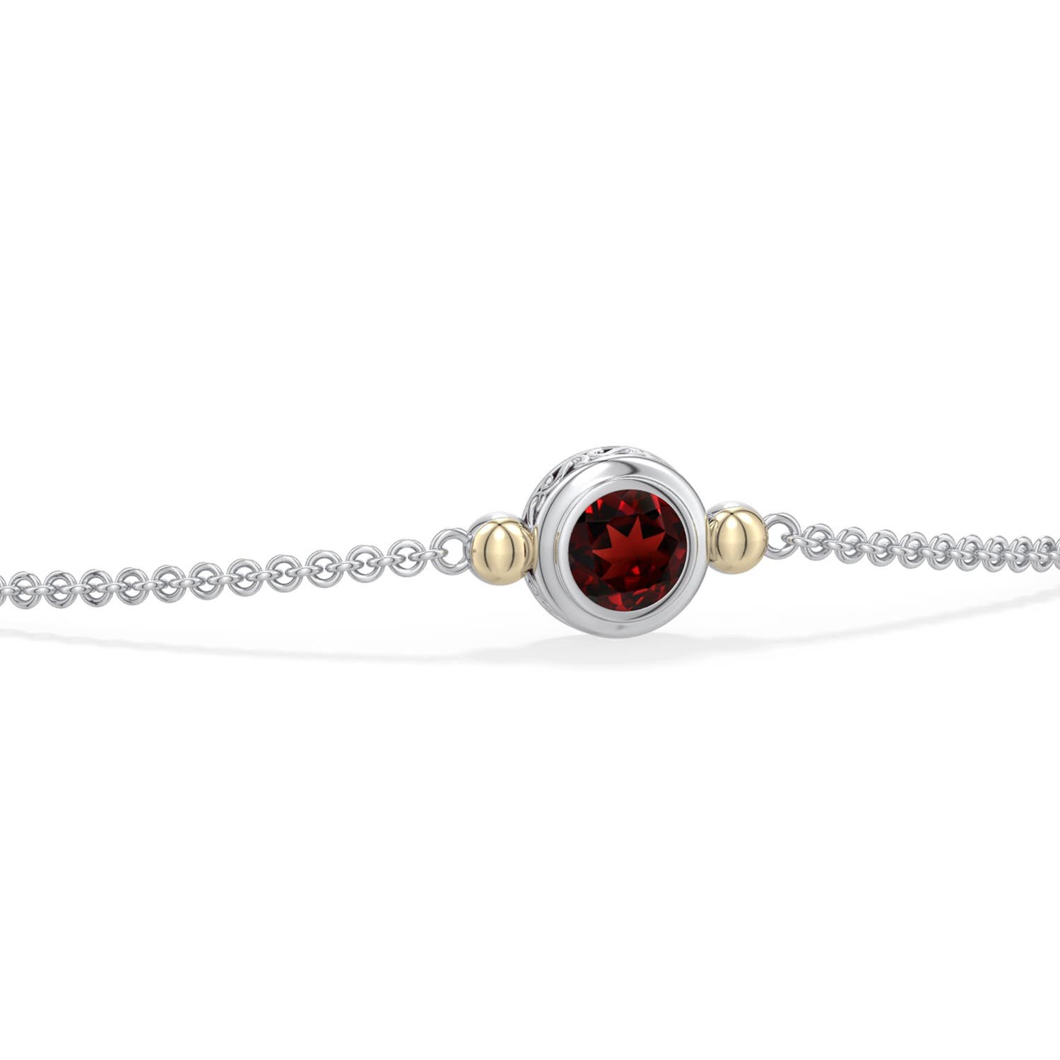 5mm AAA Sterling Silver and 18K Yellow Gold Round Garnet Chain Bracelet in 999-18K Mixed Metal - side 2 - side 3