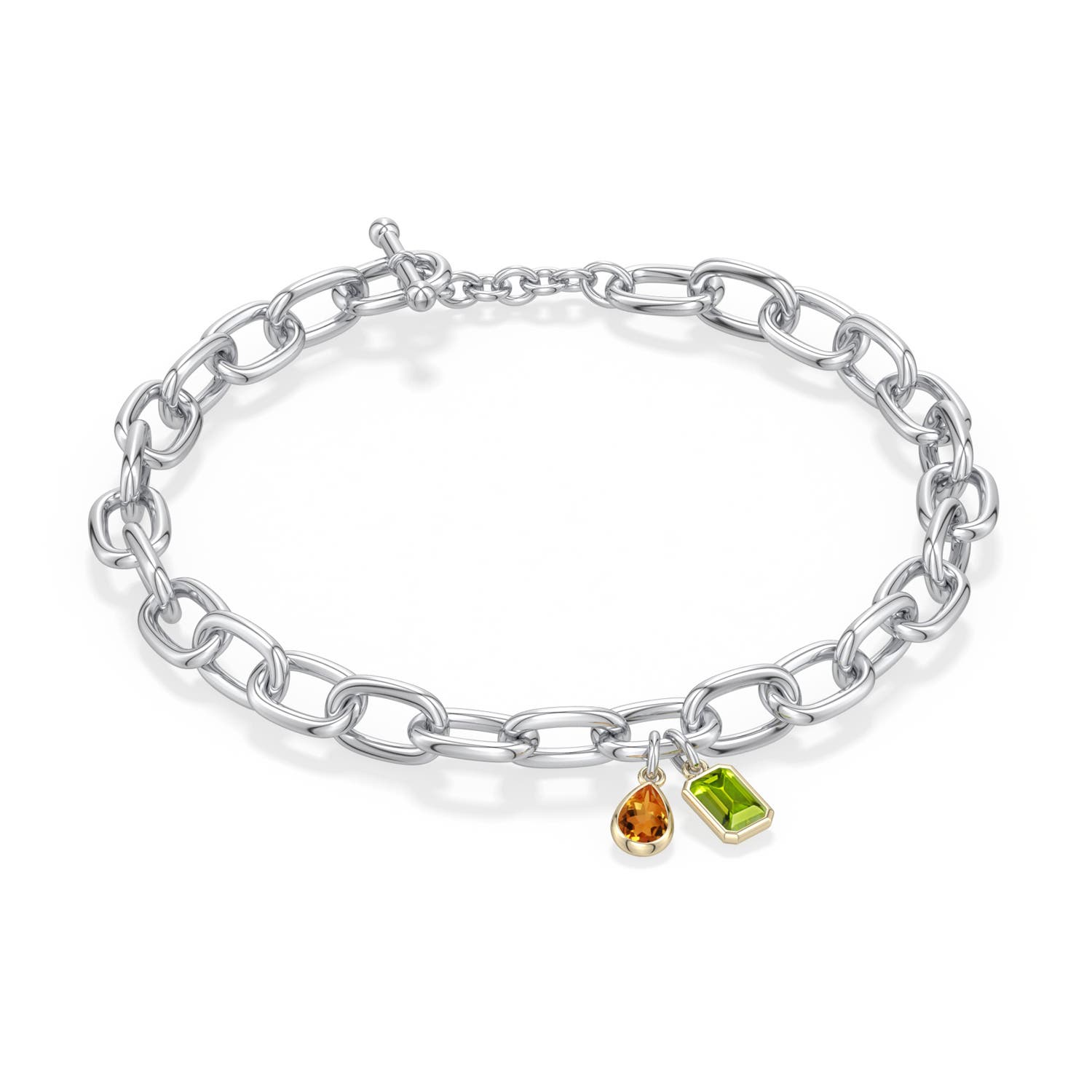 6x4mm AAA Sterling Silver and 18K Yellow Gold Pear Citrine and Emerald-Cut Peridot Toggle Bracelet in 999-18K Mixed Metal - main