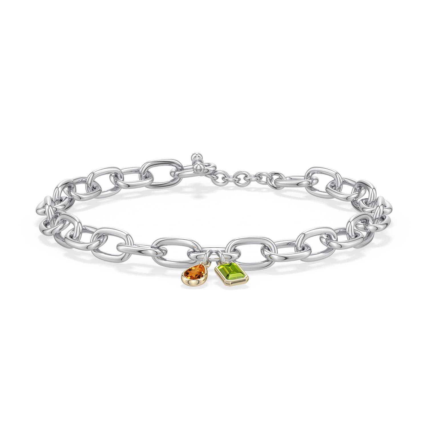 6x4mm AAA Sterling Silver and 18K Yellow Gold Pear Citrine and Emerald-Cut Peridot Toggle Bracelet in 999-18K Mixed Metal - side 1