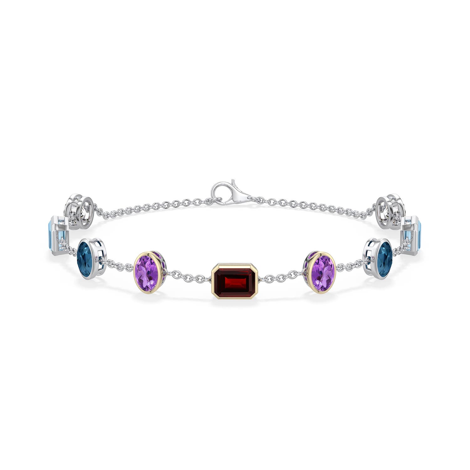 7x5mm AA Sterling Silver and 18K Yellow Gold Multi-Gemstone Station Bracelet in 999-18K Mixed Metal - side 1 - side 2