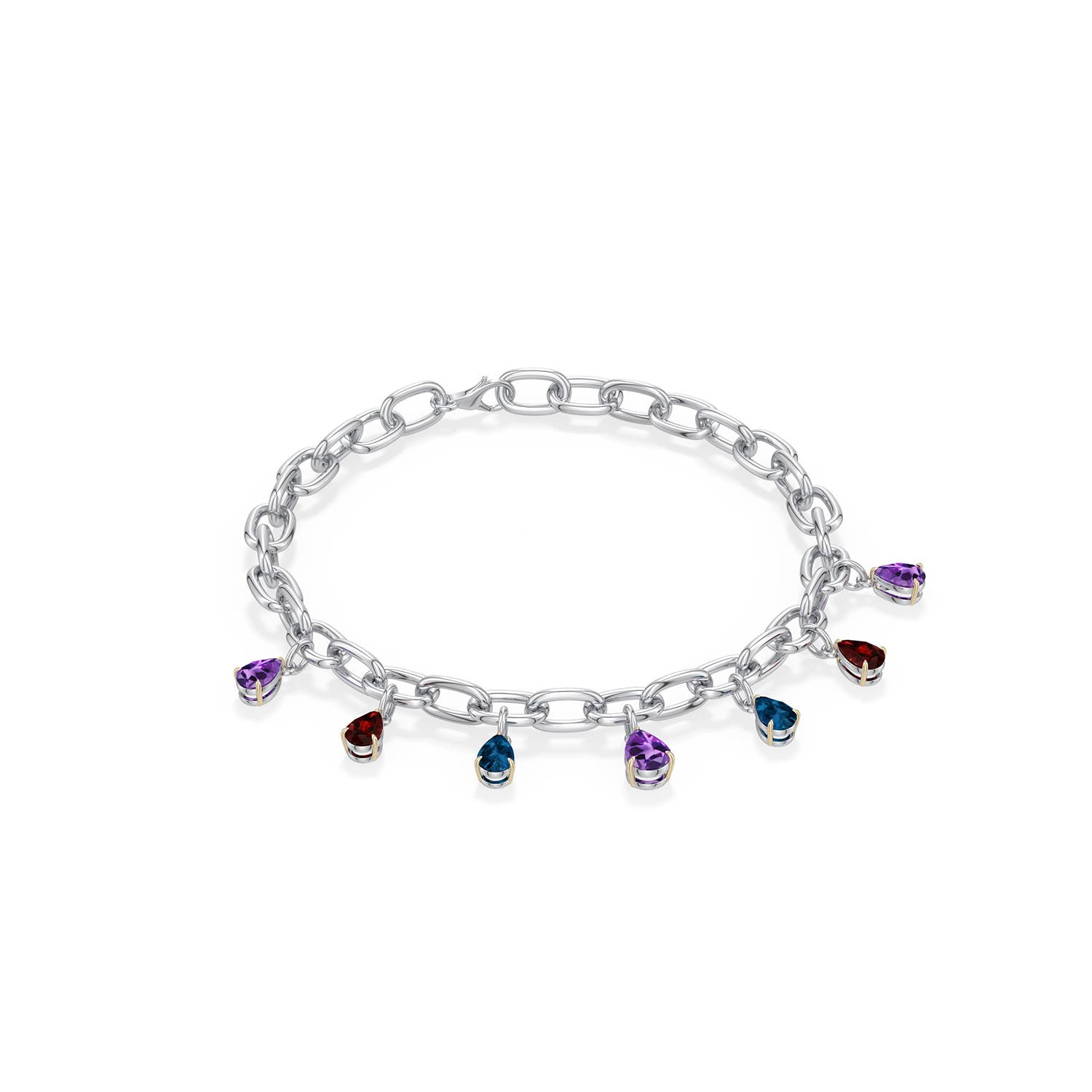 7x5mm AAA Sterling Silver and 18K Yellow Gold Multi-Gemstone Charm Bracelet in 999-18K Mixed Metal - main
