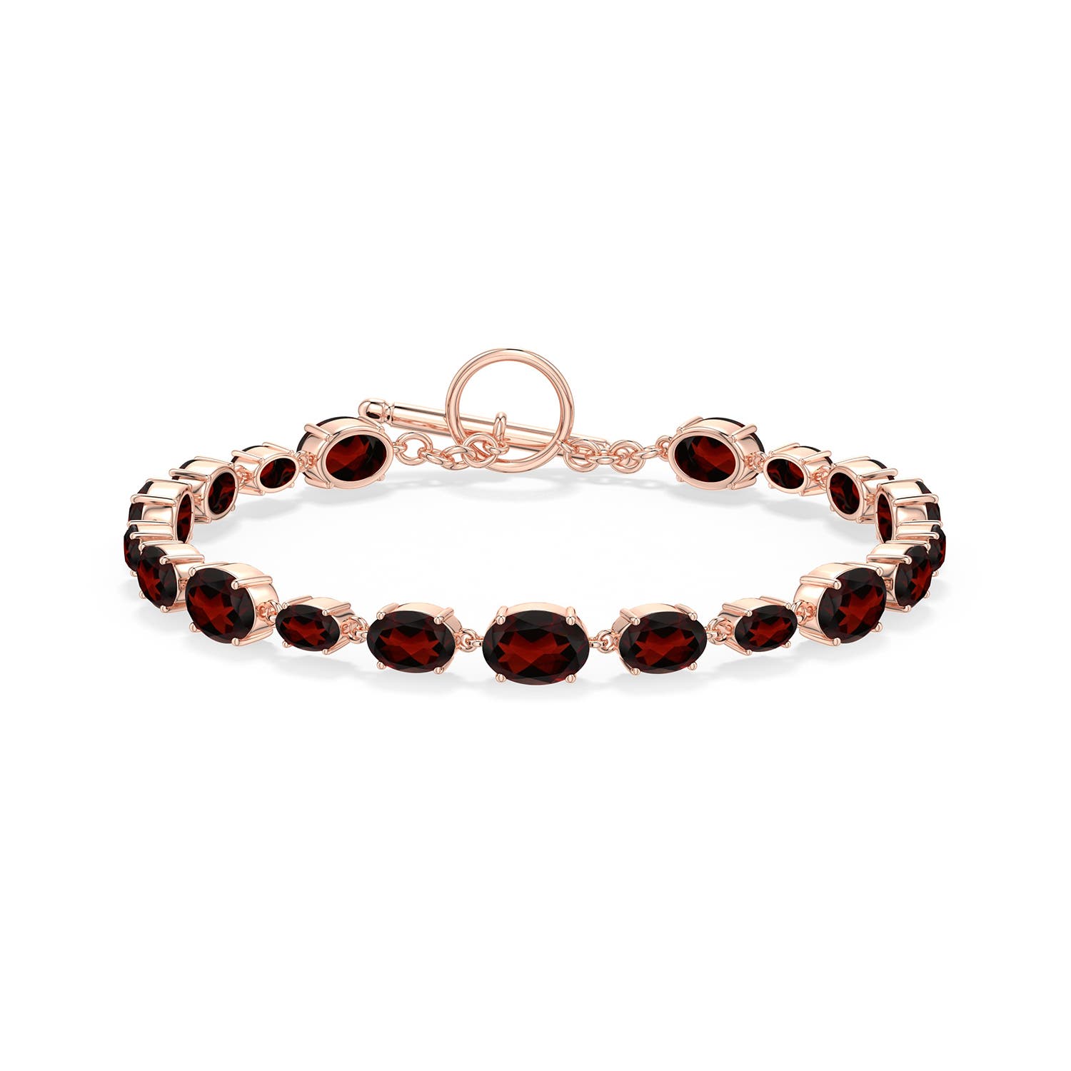 7x5mm AA Alternating Multi-Size Oval Garnet Toggle Bracelet in Rose Gold - side