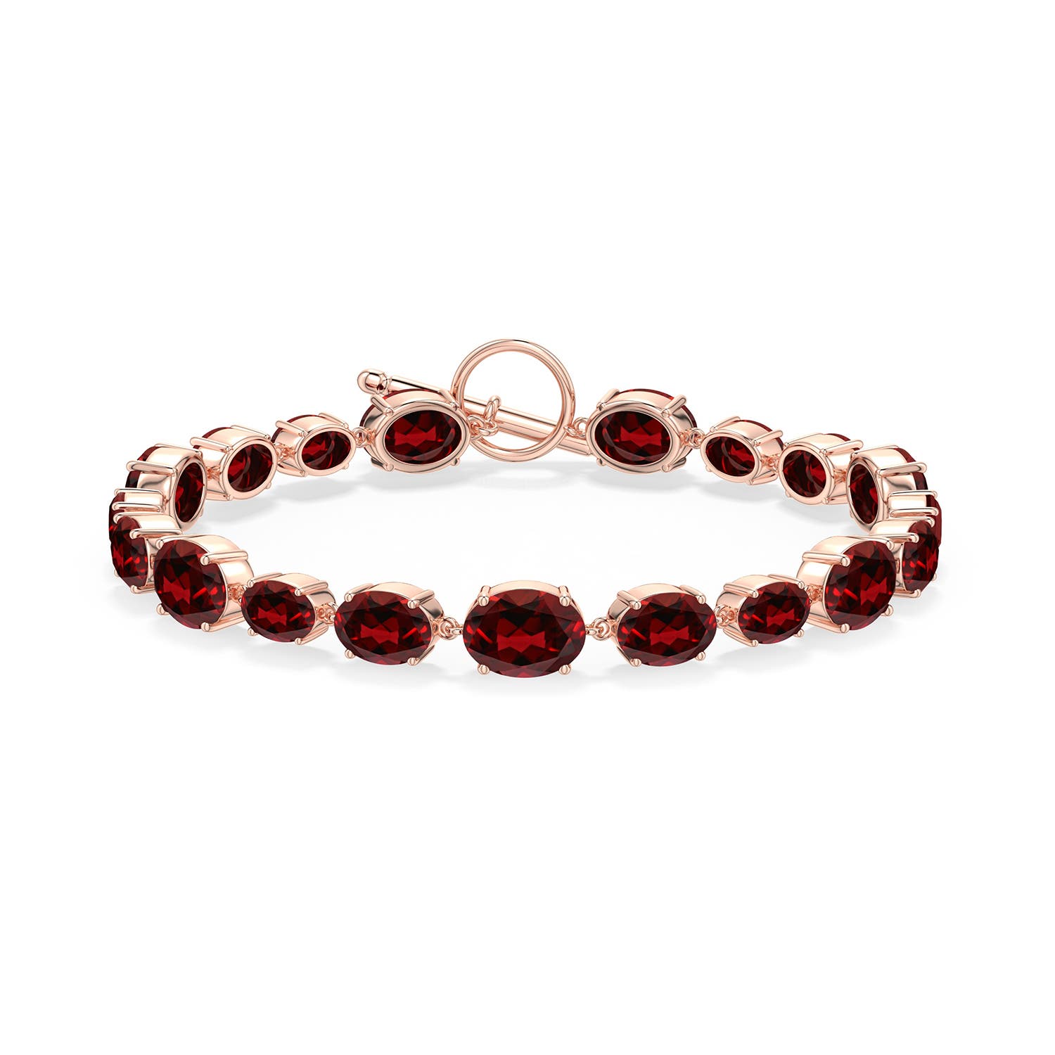 8x6mm AAAA Alternating Multi-Size Oval Garnet Toggle Bracelet in Rose Gold - side