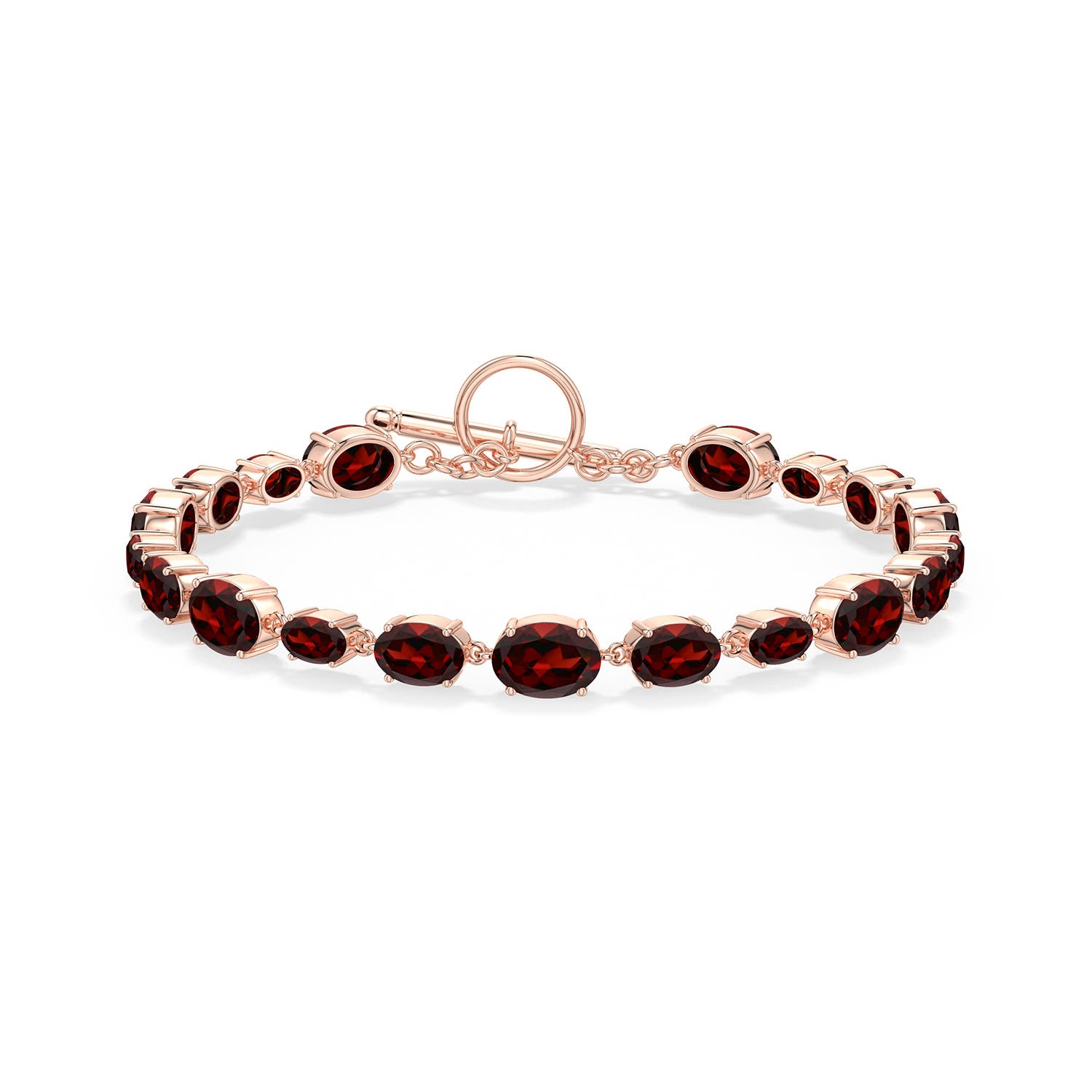 7x5mm AAA Alternating Multi-Size Oval Garnet Toggle Bracelet in 18K Rose Gold - side