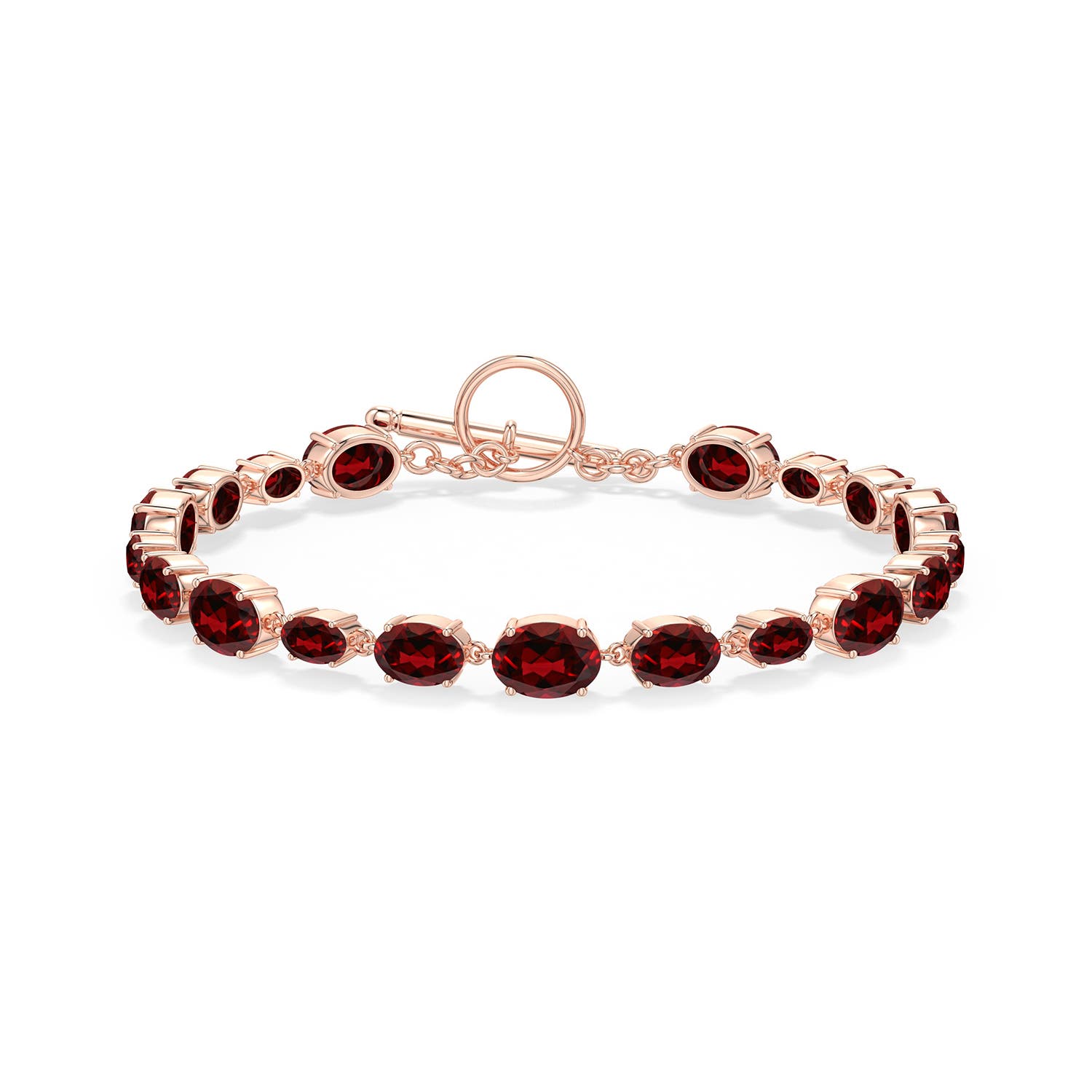 7x5mm AAAA Alternating Multi-Size Oval Garnet Toggle Bracelet in 18K Rose Gold - side