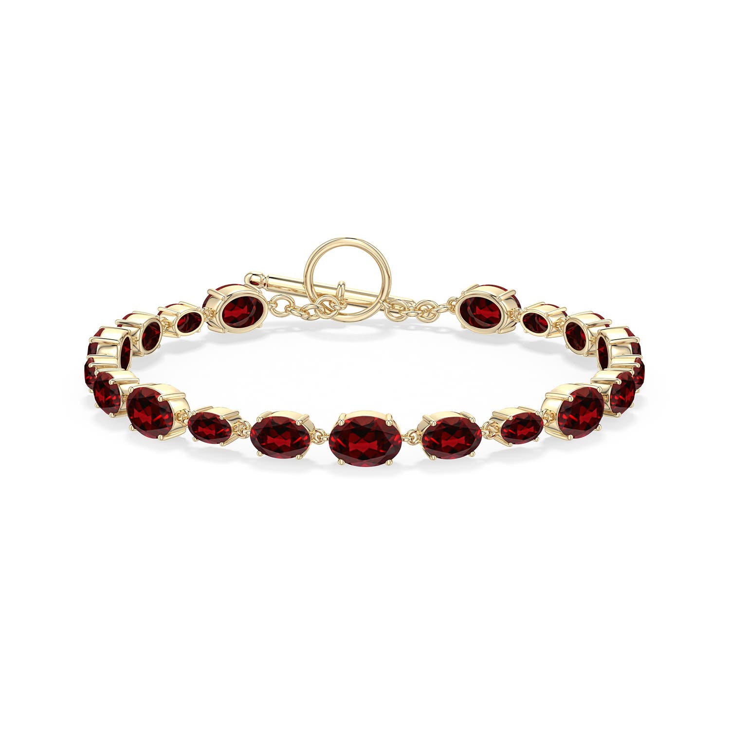 7x5mm AAAA Alternating Multi-Size Oval Garnet Toggle Bracelet in 18K Yellow Gold - side