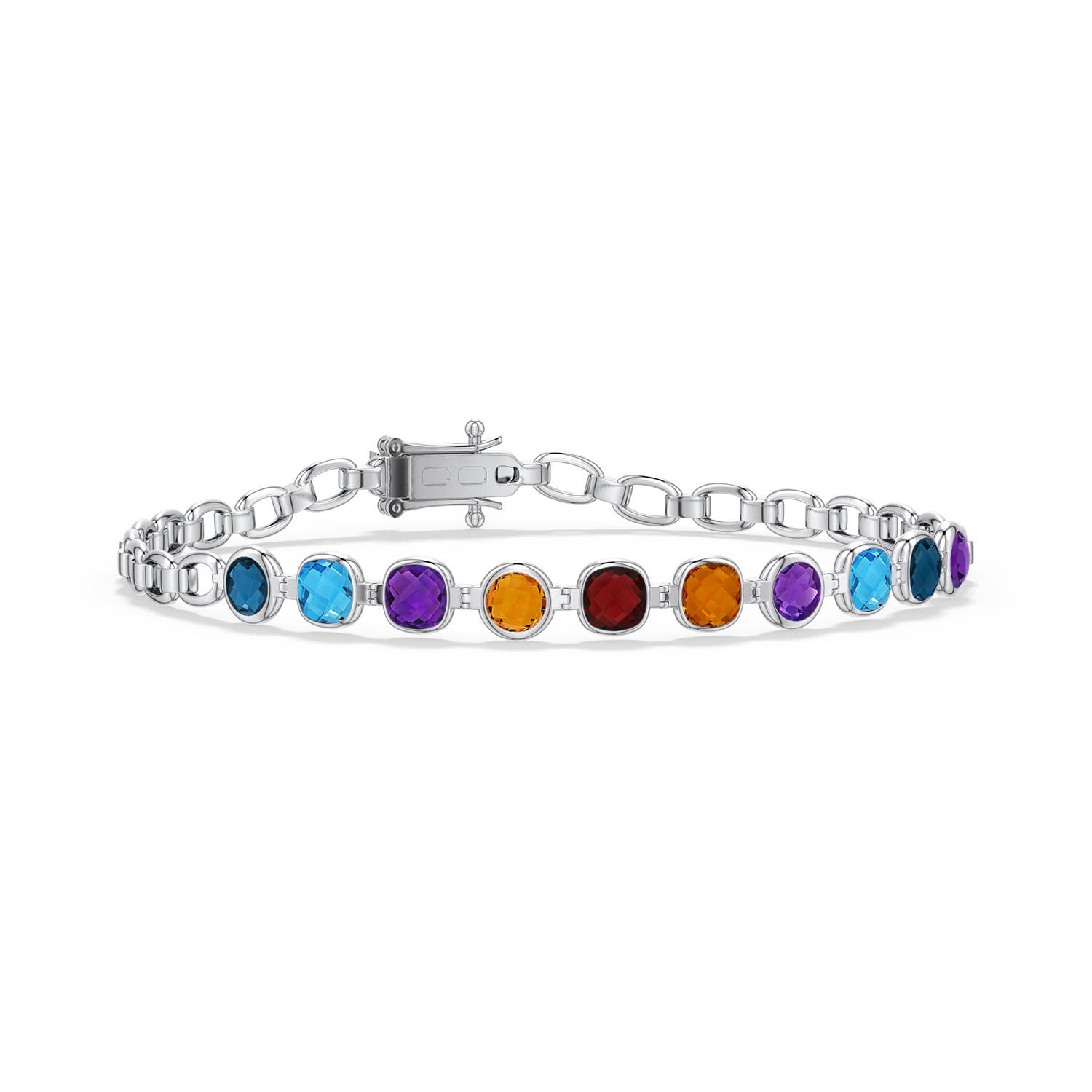 4mm AAA Cushion and Round Multi-Gemstone Link Chain Bracelet in 999 Silver - main