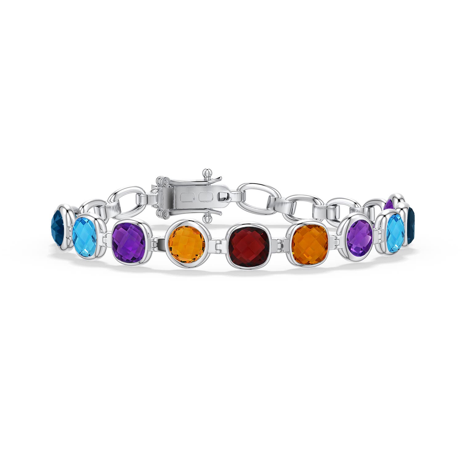 6mm AAA Cushion and Round Multi-Gemstone Link Chain Bracelet in 999 Silver - main