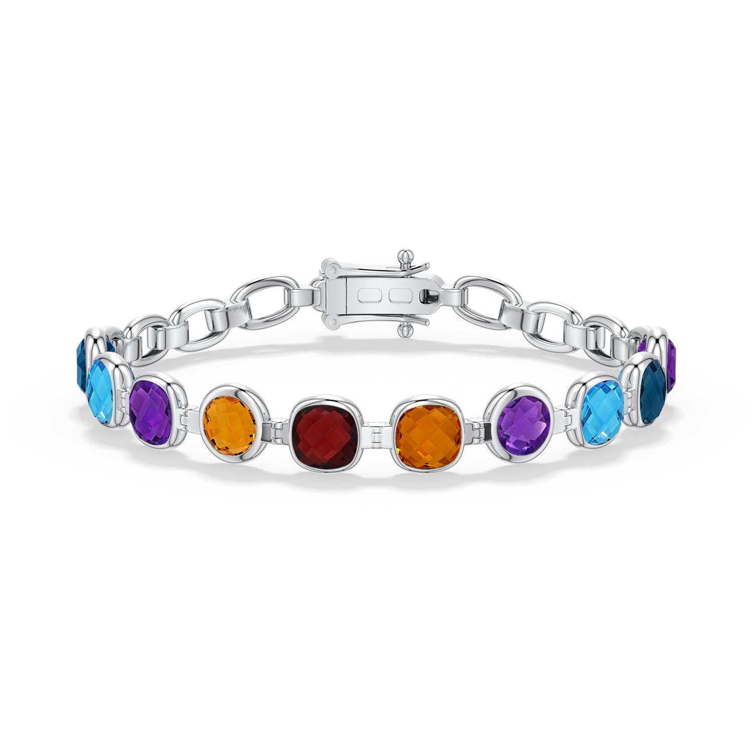 6mm AAA Cushion and Round Multi-Gemstone Link Chain Bracelet in 999 Silver - side