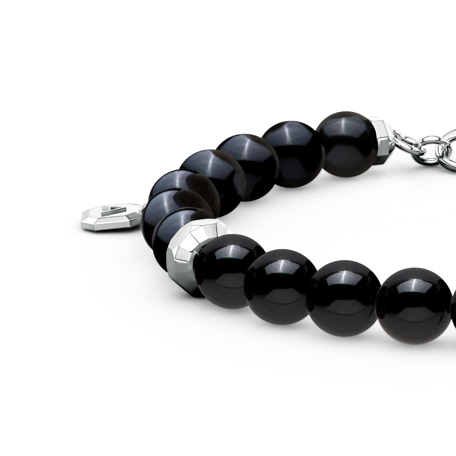 Men's Black Onyx Beaded Bracelet with Octagon Metal Motifs