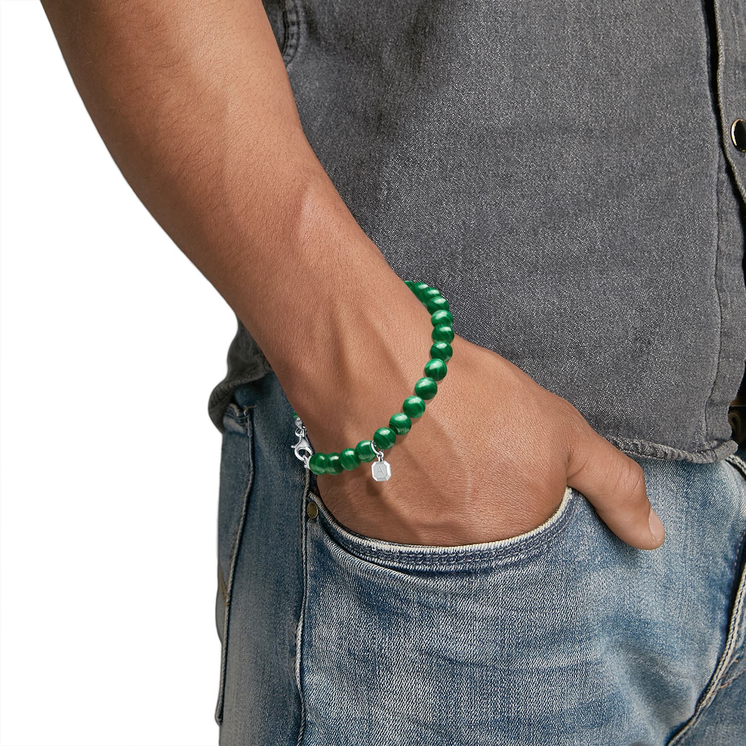 8mm AAA Men's Malachite Beaded Bracelet in S999 Silver - body_view 1