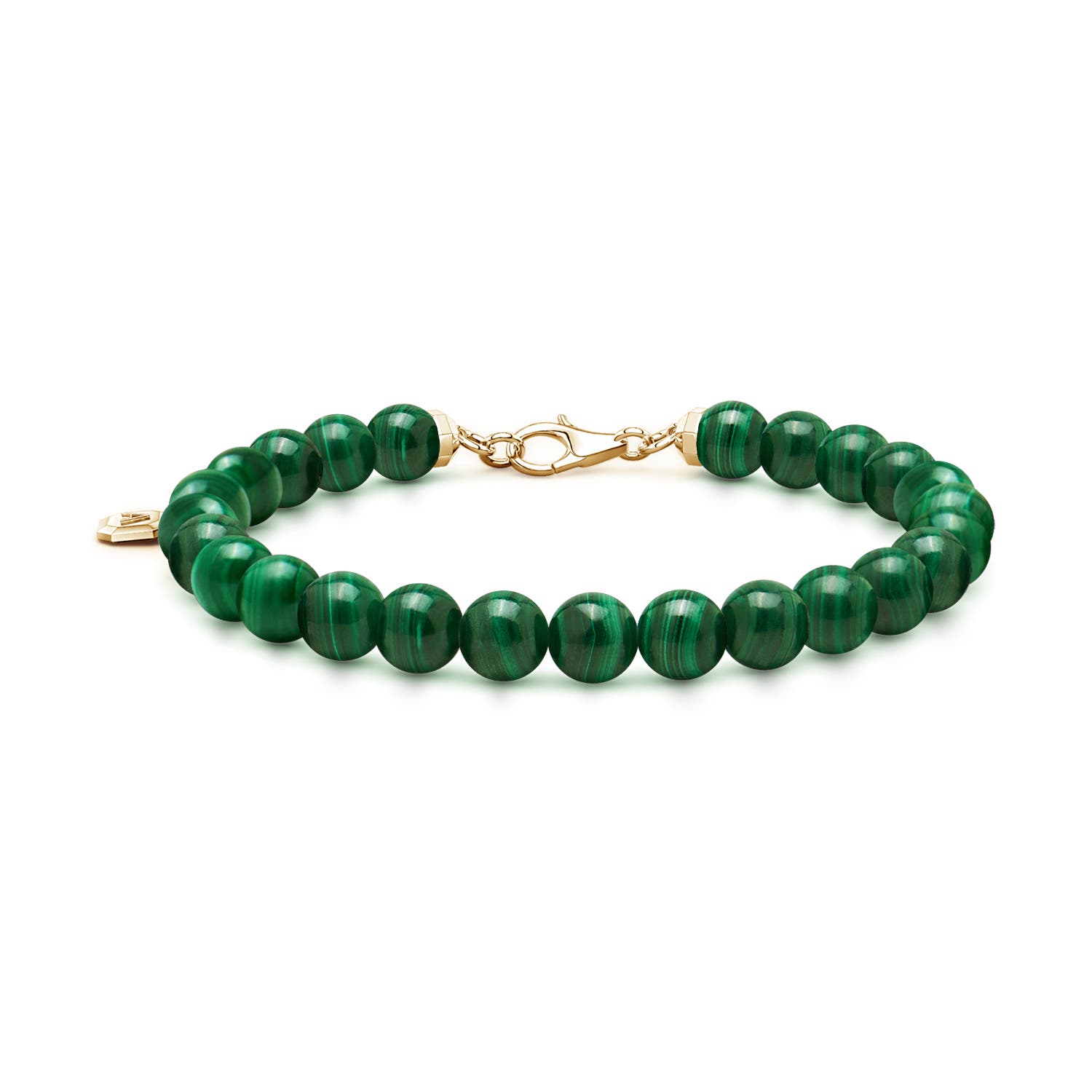 8mm AAA Men's Malachite Beaded Bracelet in Yellow Gold