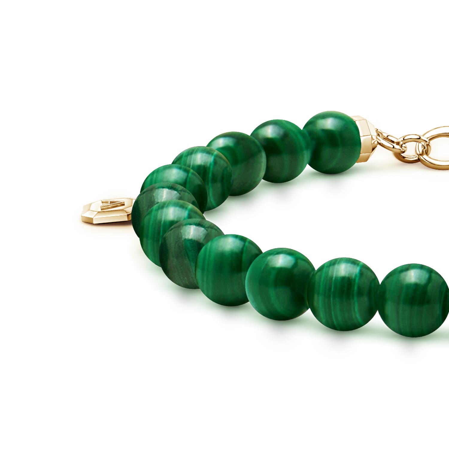 8mm AAA Men's Malachite Beaded Bracelet in Yellow Gold