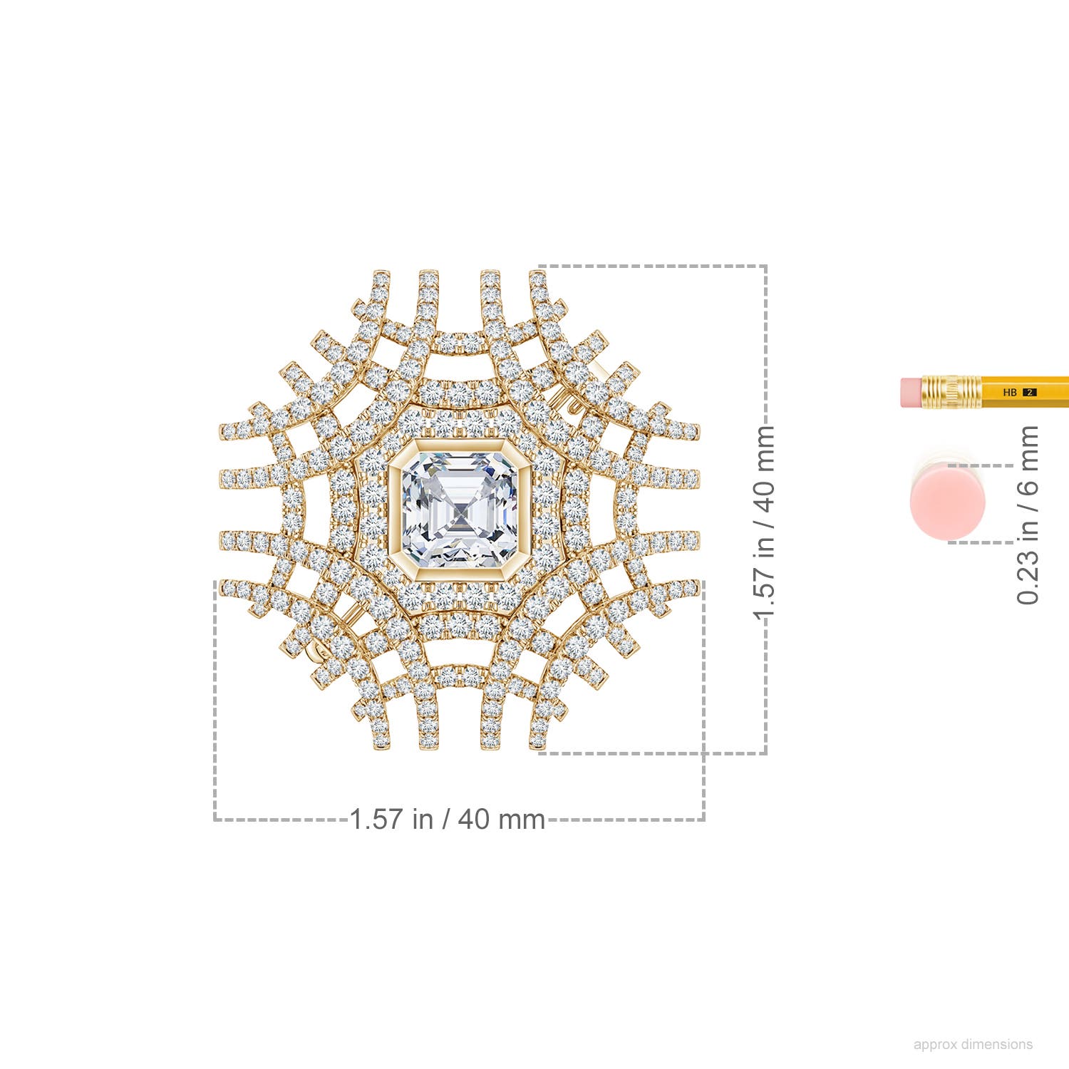 9mm FGVS Asscher-Cut Lab-Grown Diamond Men’s Latticework Brooch in Yellow Gold - ruler