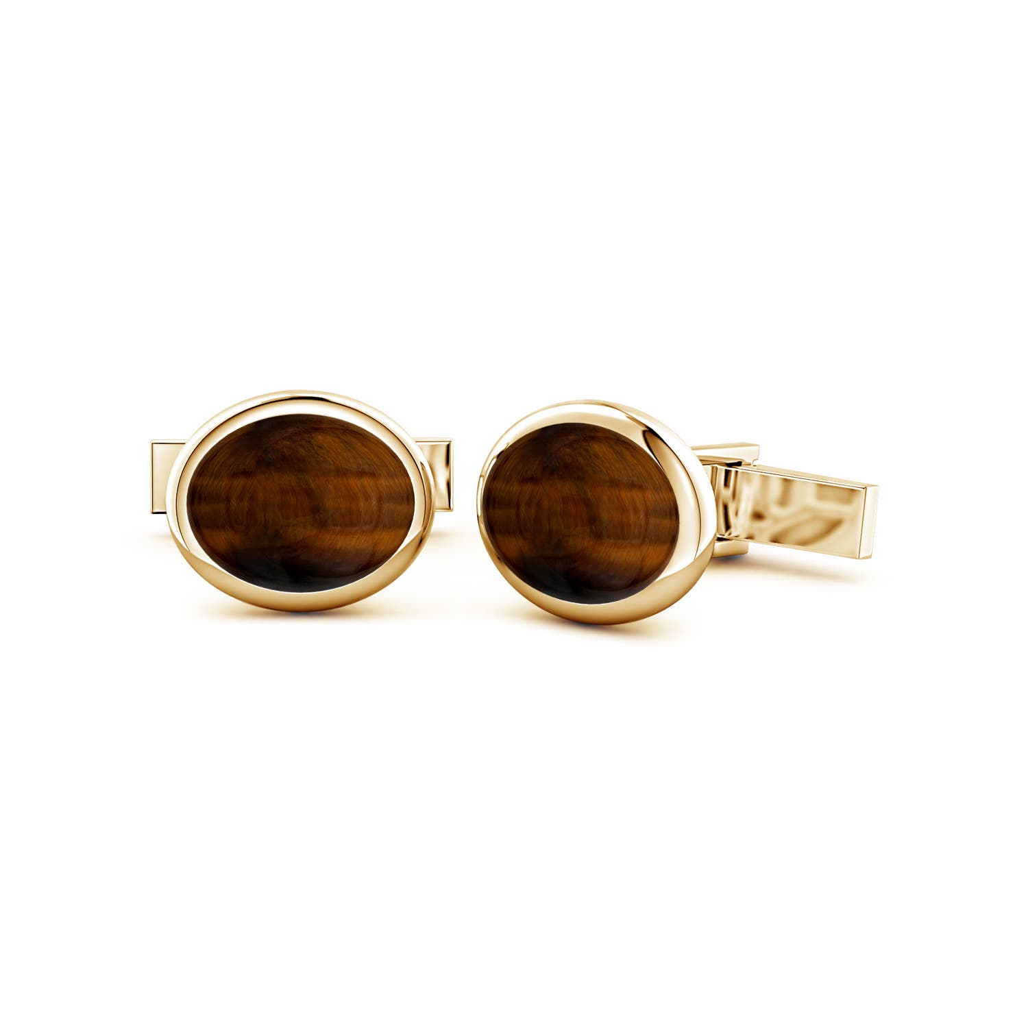 14x11mm AAA Oval Tiger's Eye Men's Cufflinks in Yellow Gold