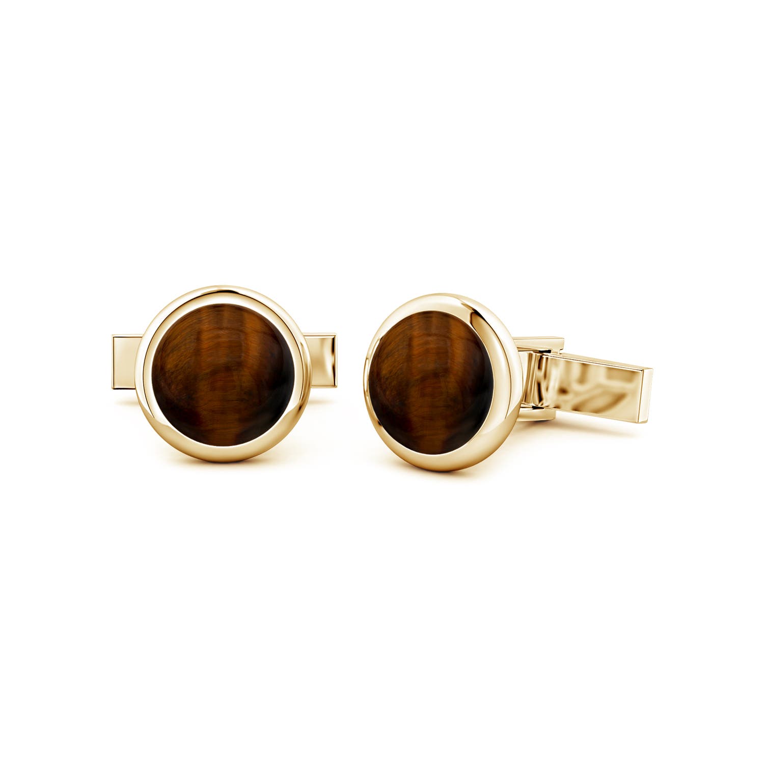 12mm AAA Round Tiger's Eye Men's Cufflinks in Yellow Gold