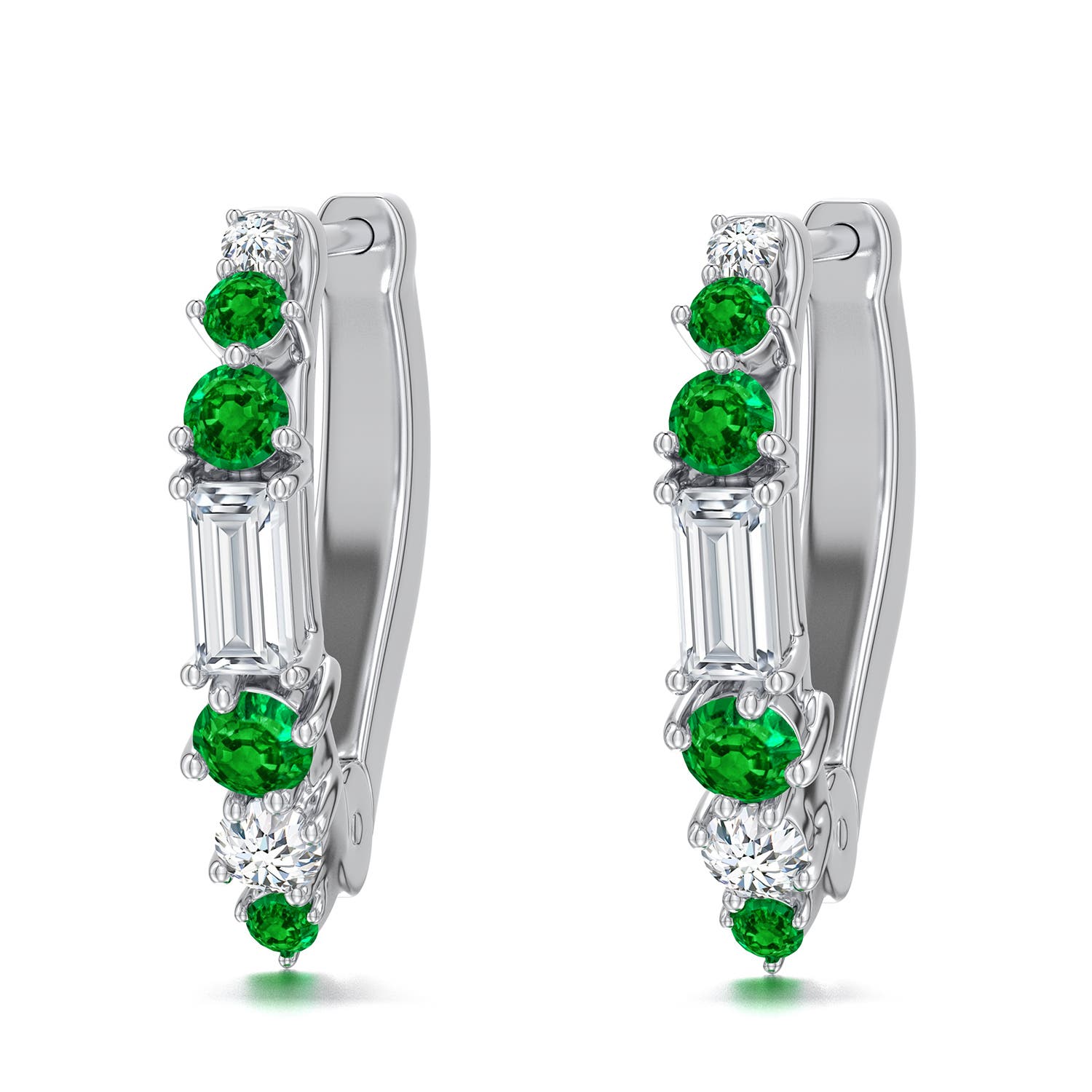 4x2mm FGVS Baguette Lab-Grown Diamond Huggie Hoop Earrings with Emerald in White Gold - main