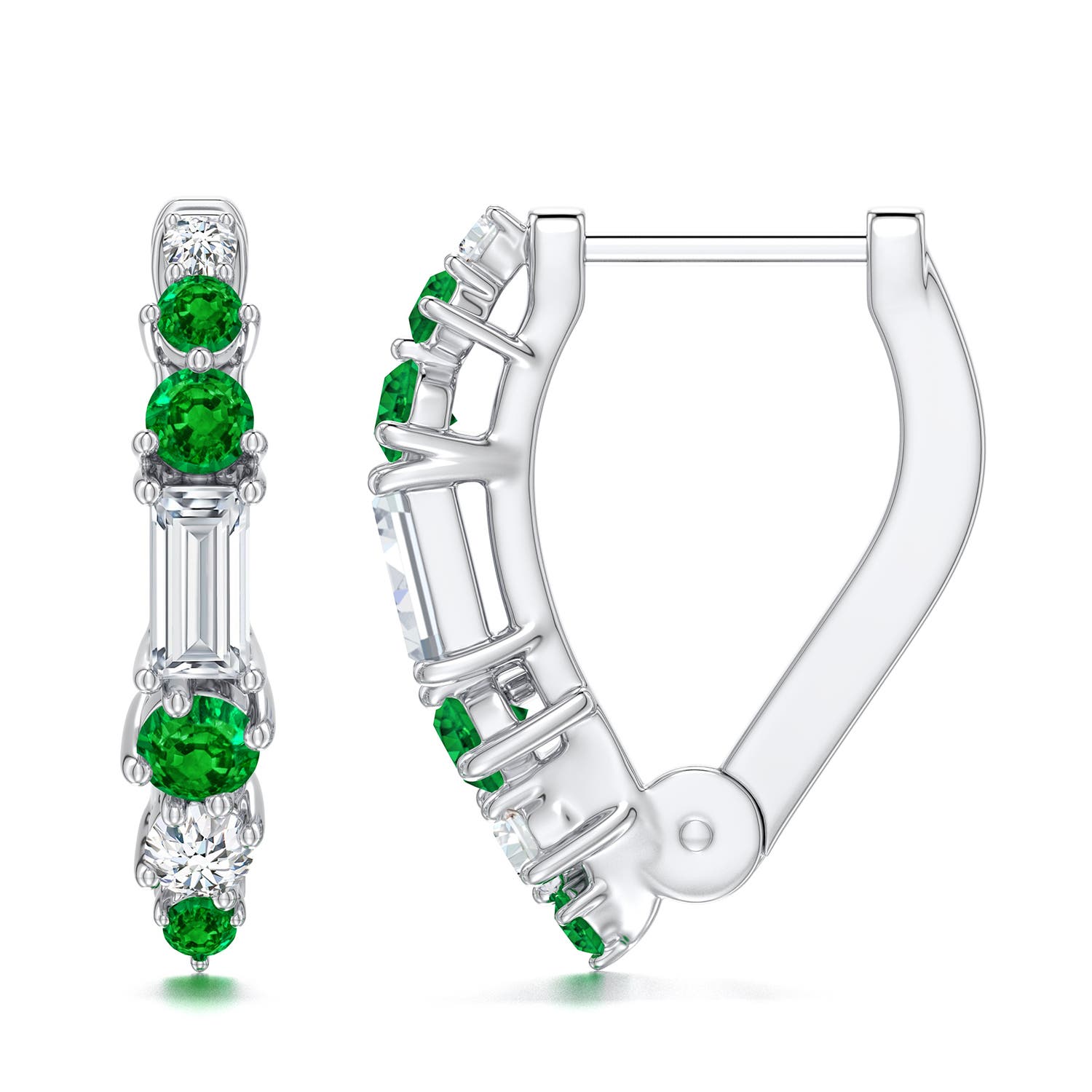 4x2mm FGVS Baguette Lab-Grown Diamond Huggie Hoop Earrings with Emerald in White Gold - side