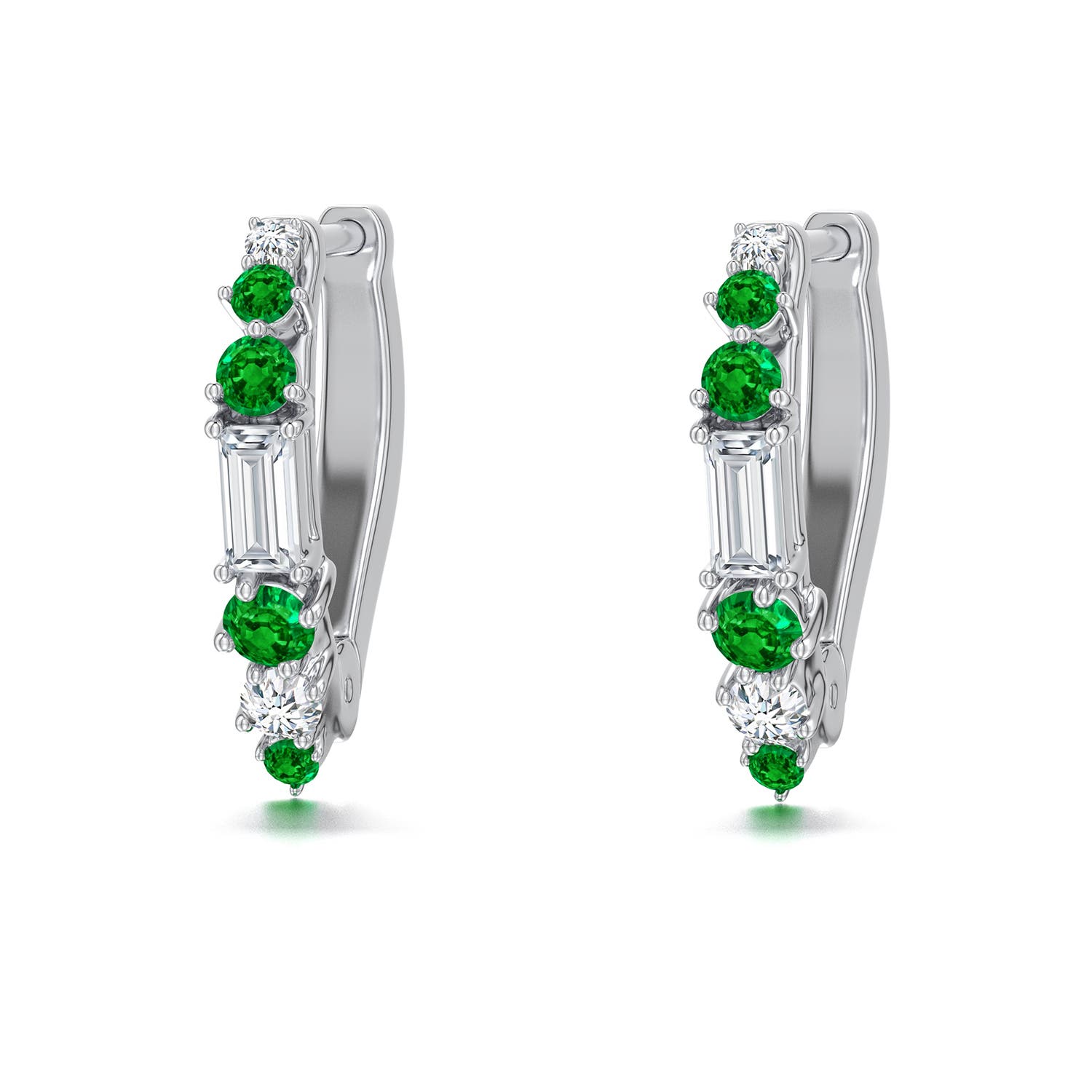 3x1.5mm FGVS Baguette Lab-Grown Diamond Huggie Hoop Earrings with Emerald in 18K White Gold - main