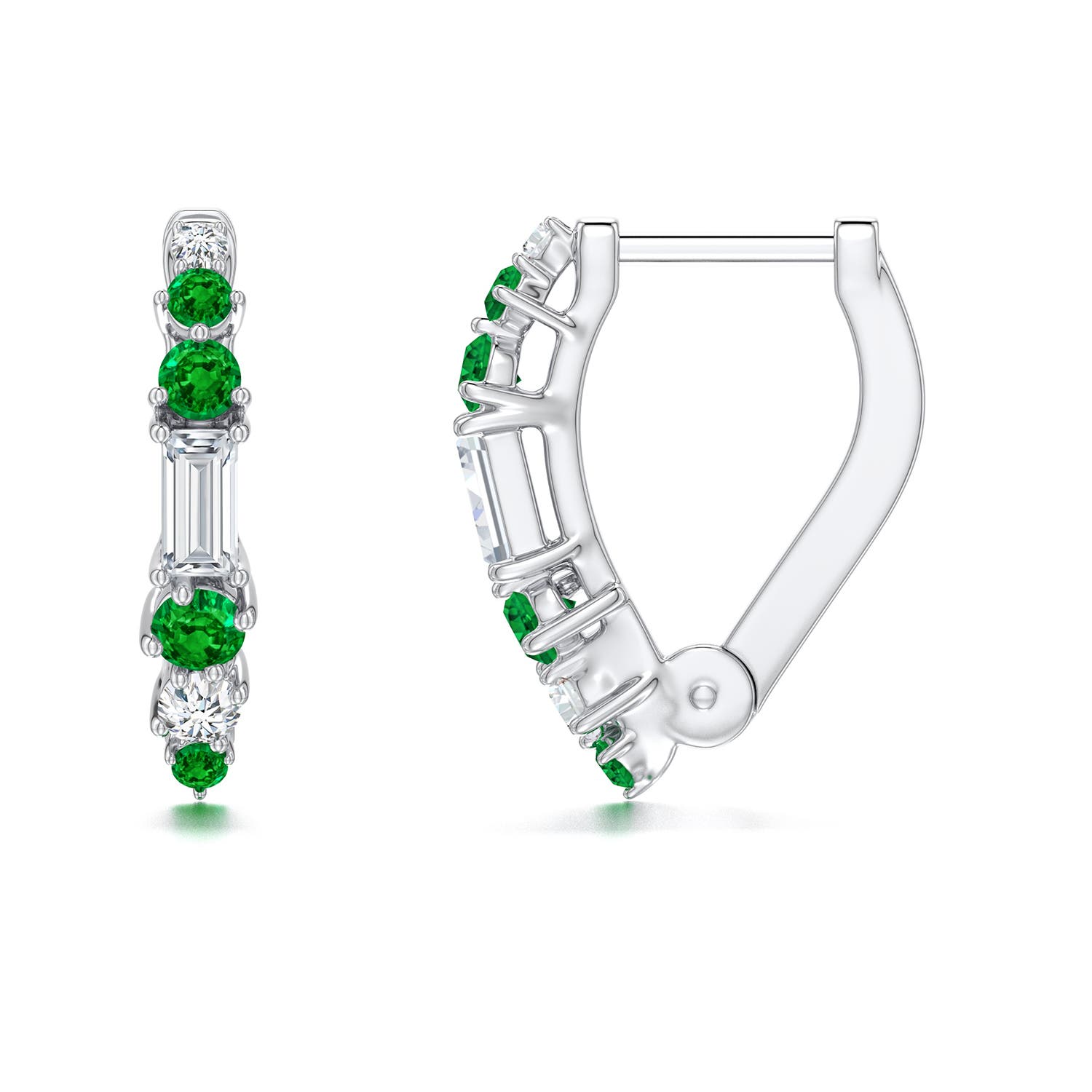 3x1.5mm FGVS Baguette Lab-Grown Diamond Huggie Hoop Earrings with Emerald in 18K White Gold - side