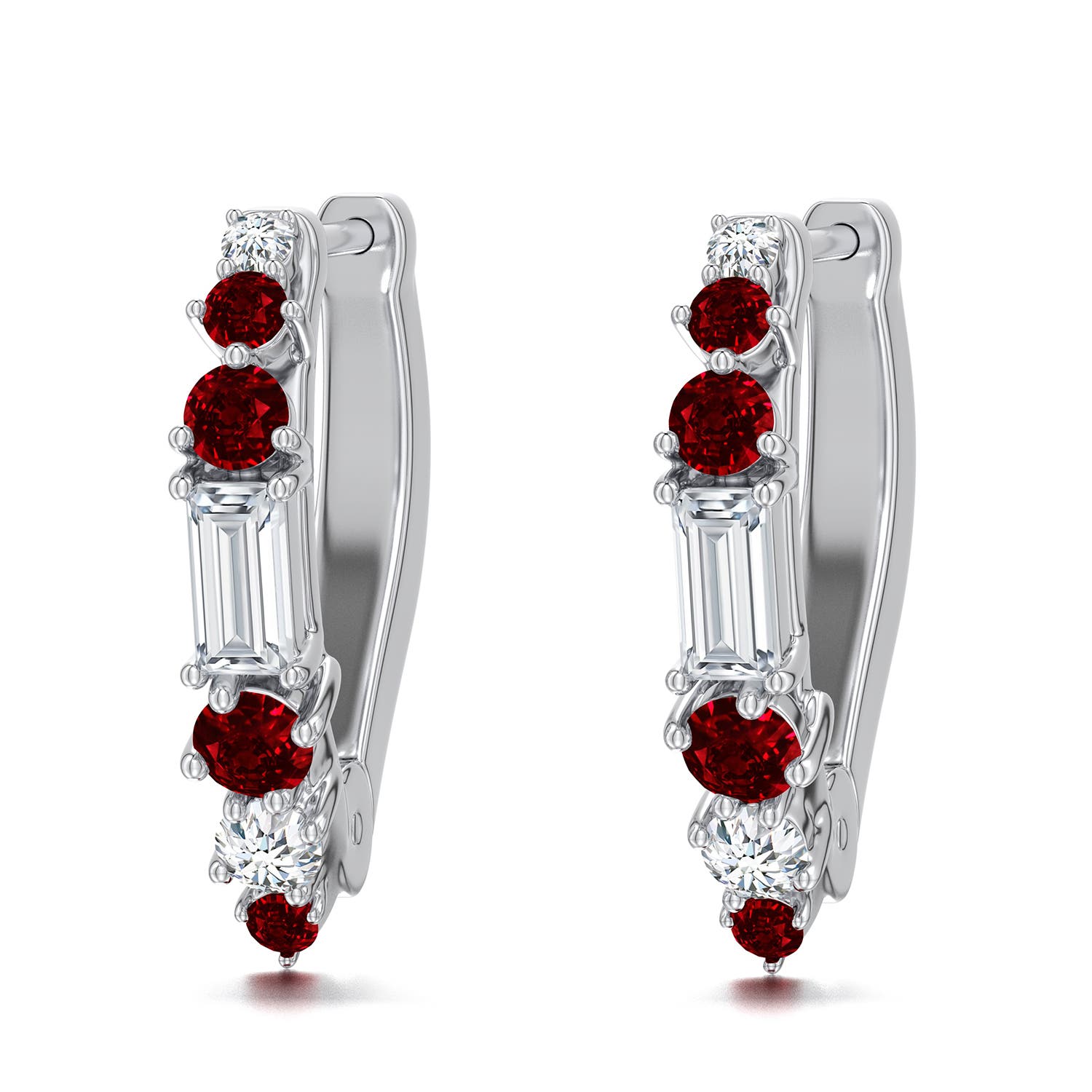 4x2mm FGVS Baguette Lab-Grown Diamond Huggie Hoop Earrings with Ruby in 18K White Gold - main