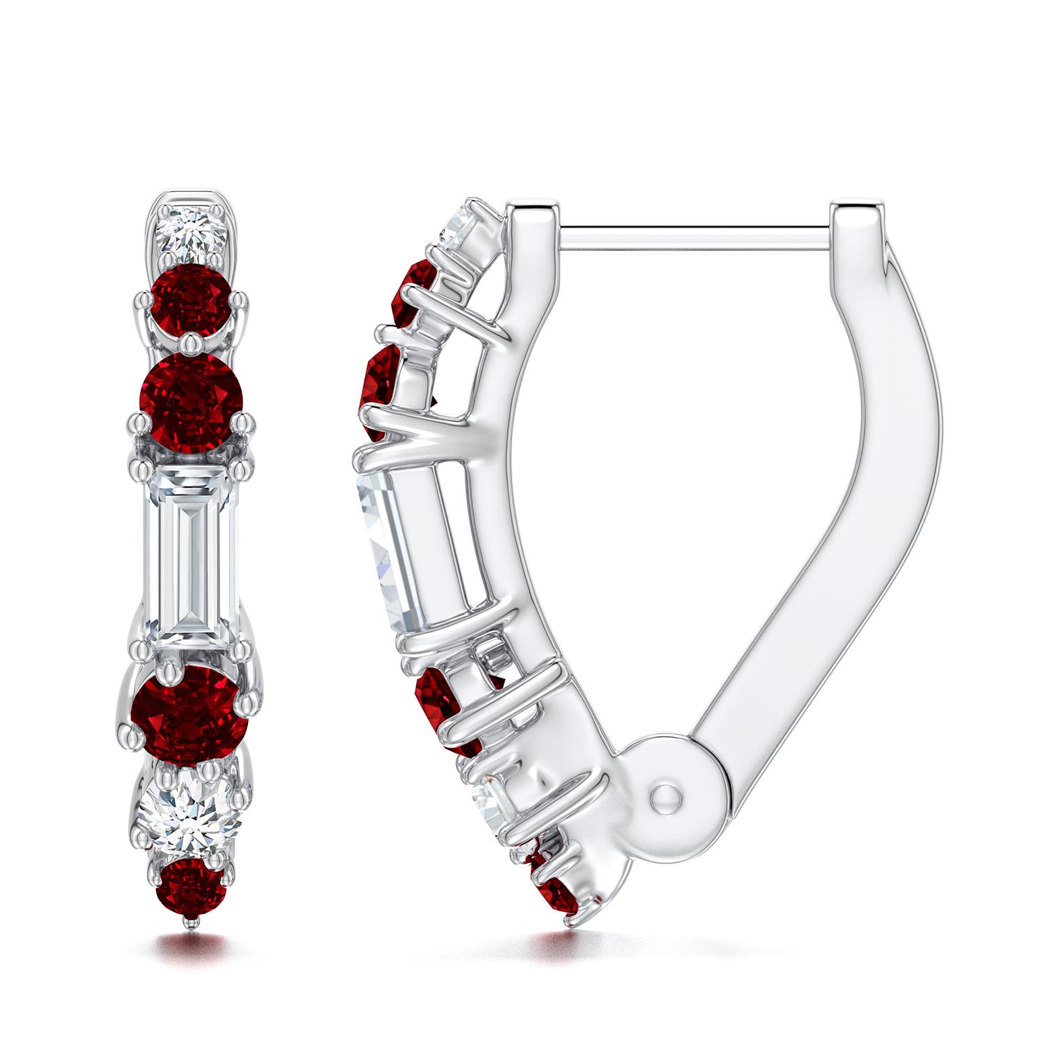 4x2mm FGVS Baguette Lab-Grown Diamond Huggie Hoop Earrings with Ruby in 18K White Gold - side